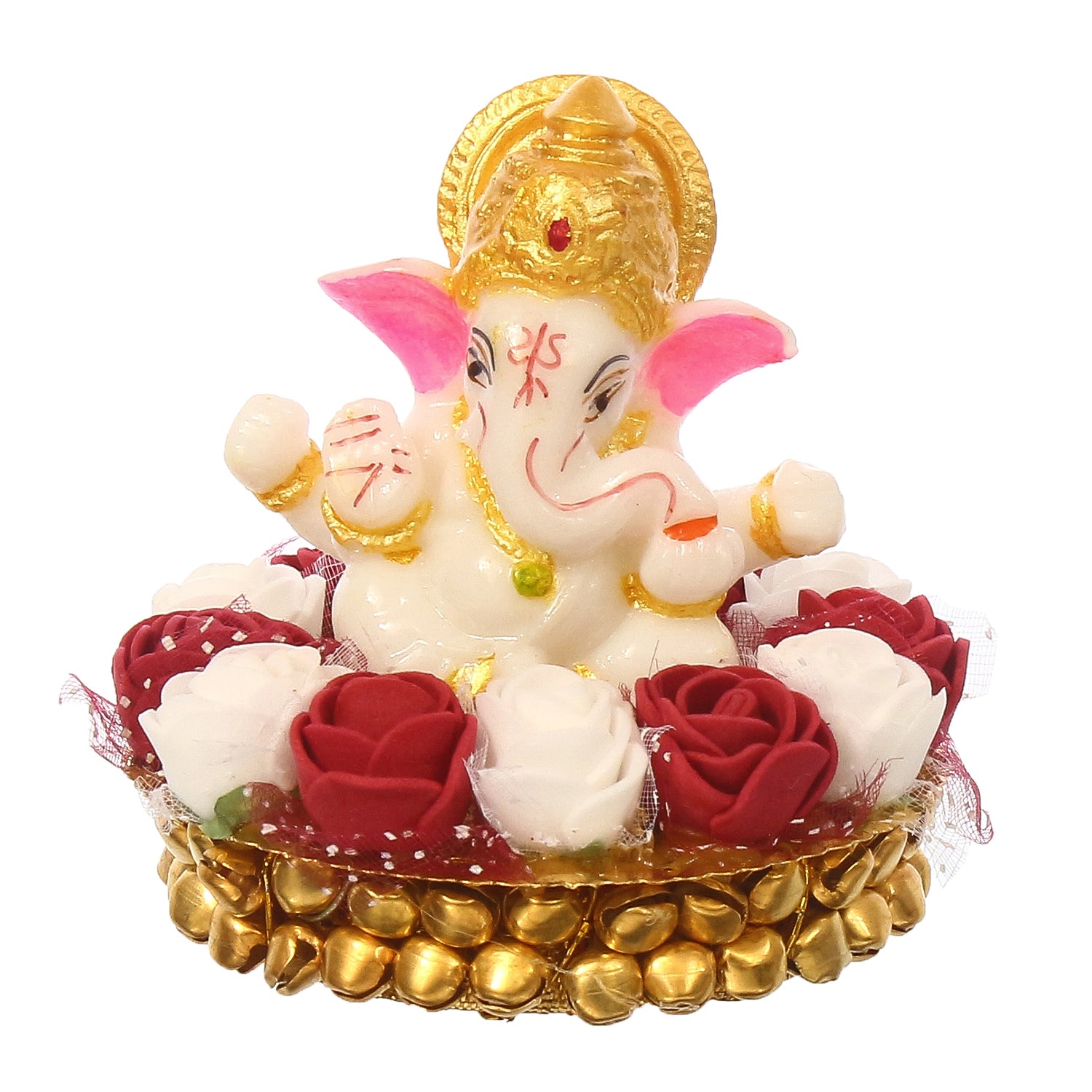 Golden and White Polyresin Lord Ganesha Idol on Decorative Handcrafted Plate with Red and White Flowers 2
