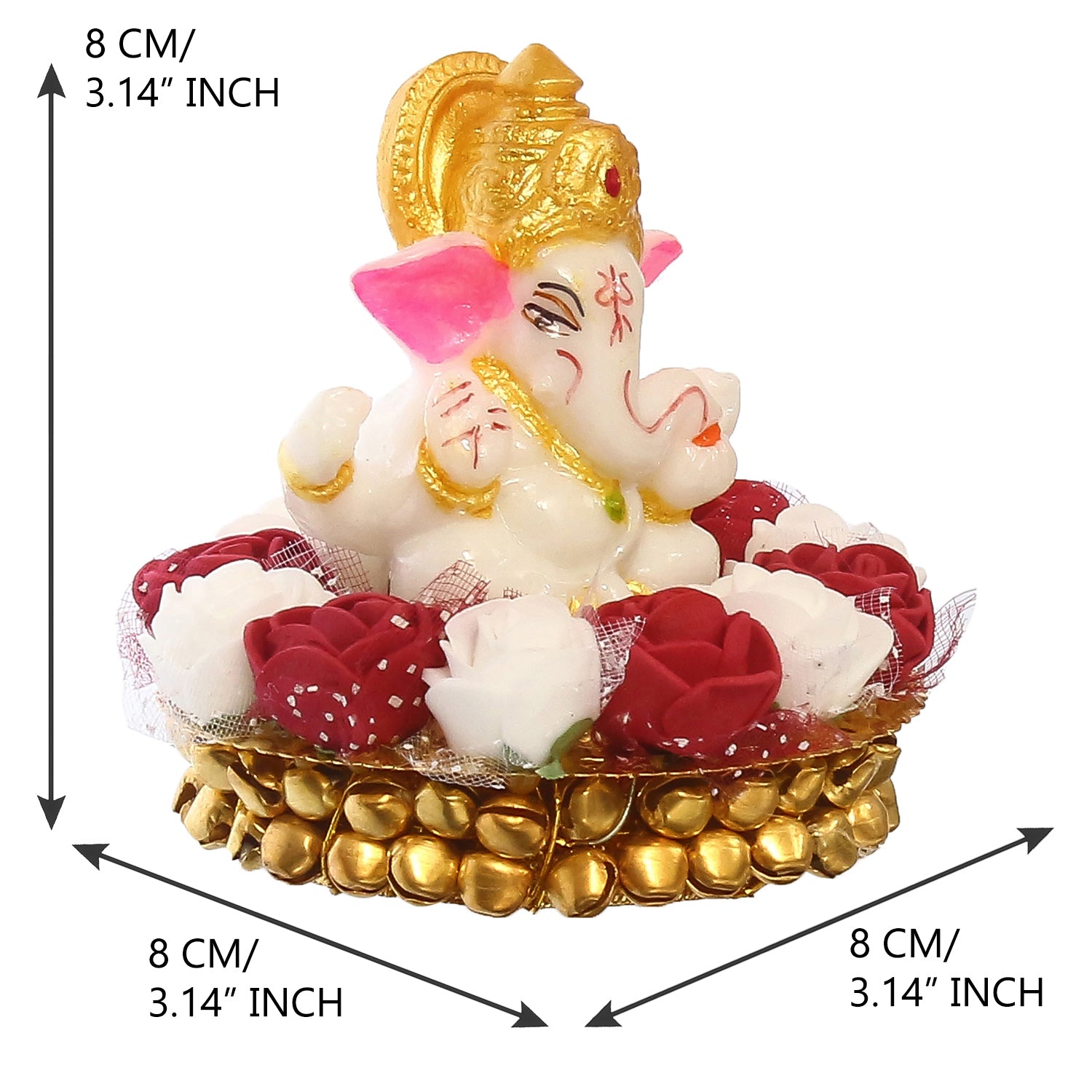 Golden and White Polyresin Lord Ganesha Idol on Decorative Handcrafted Plate with Red and White Flowers 3