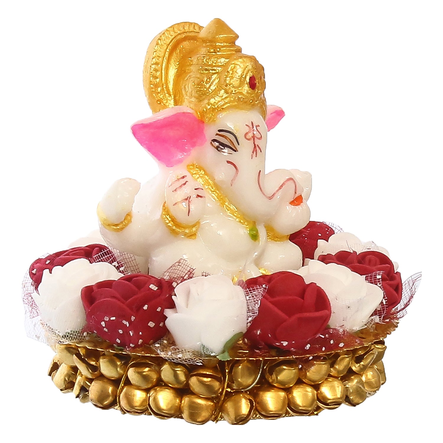 Golden and White Polyresin Lord Ganesha Idol on Decorative Handcrafted Plate with Red and White Flowers 4