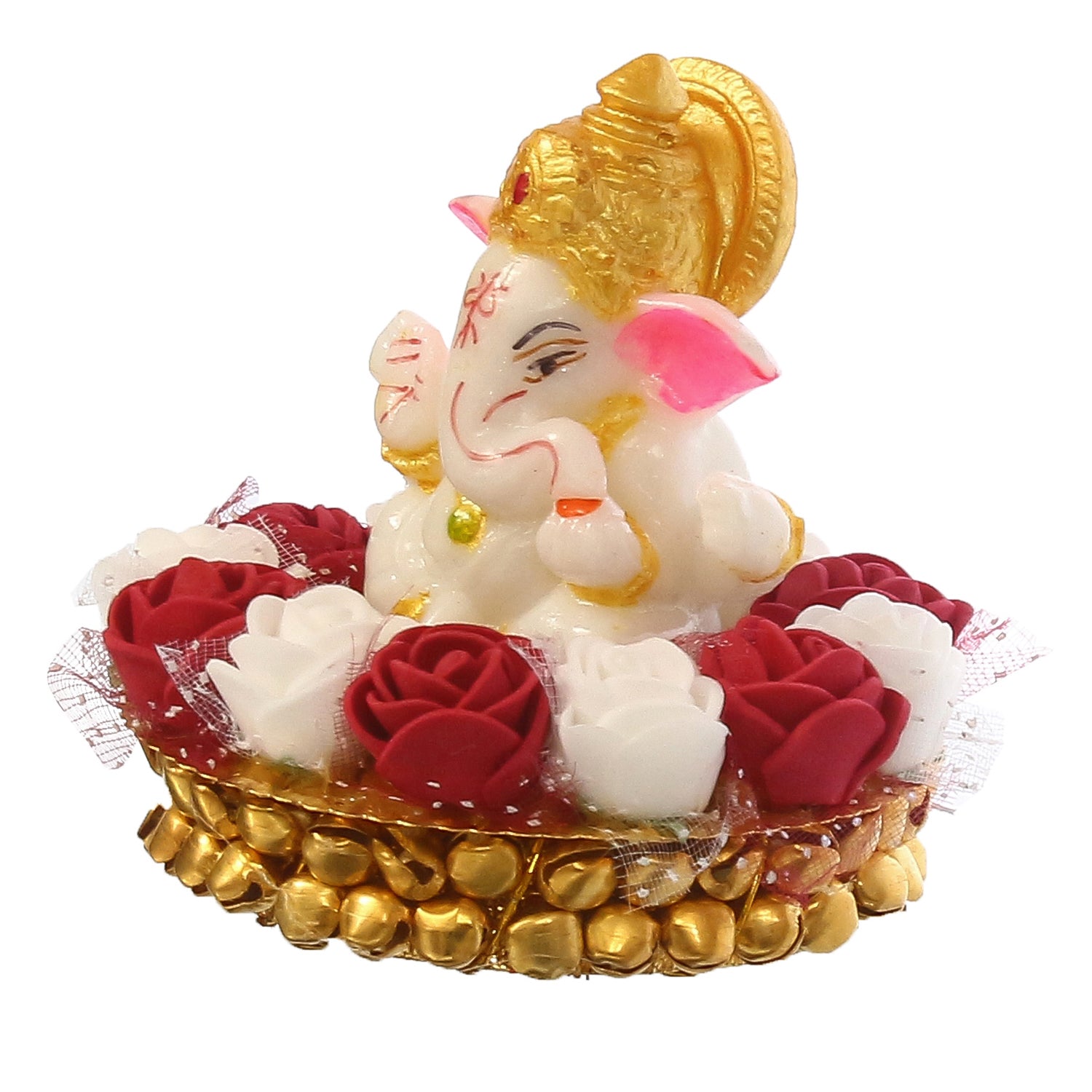 Golden and White Polyresin Lord Ganesha Idol on Decorative Handcrafted Plate with Red and White Flowers 5
