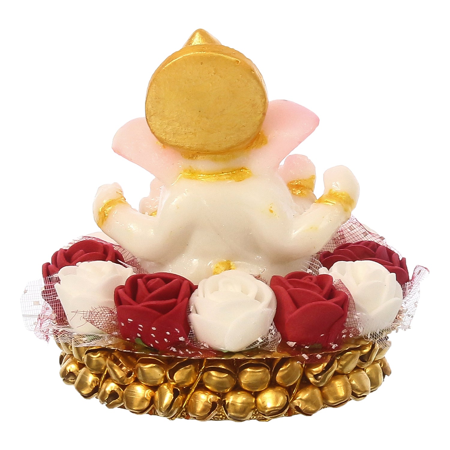 Golden and White Polyresin Lord Ganesha Idol on Decorative Handcrafted Plate with Red and White Flowers 6