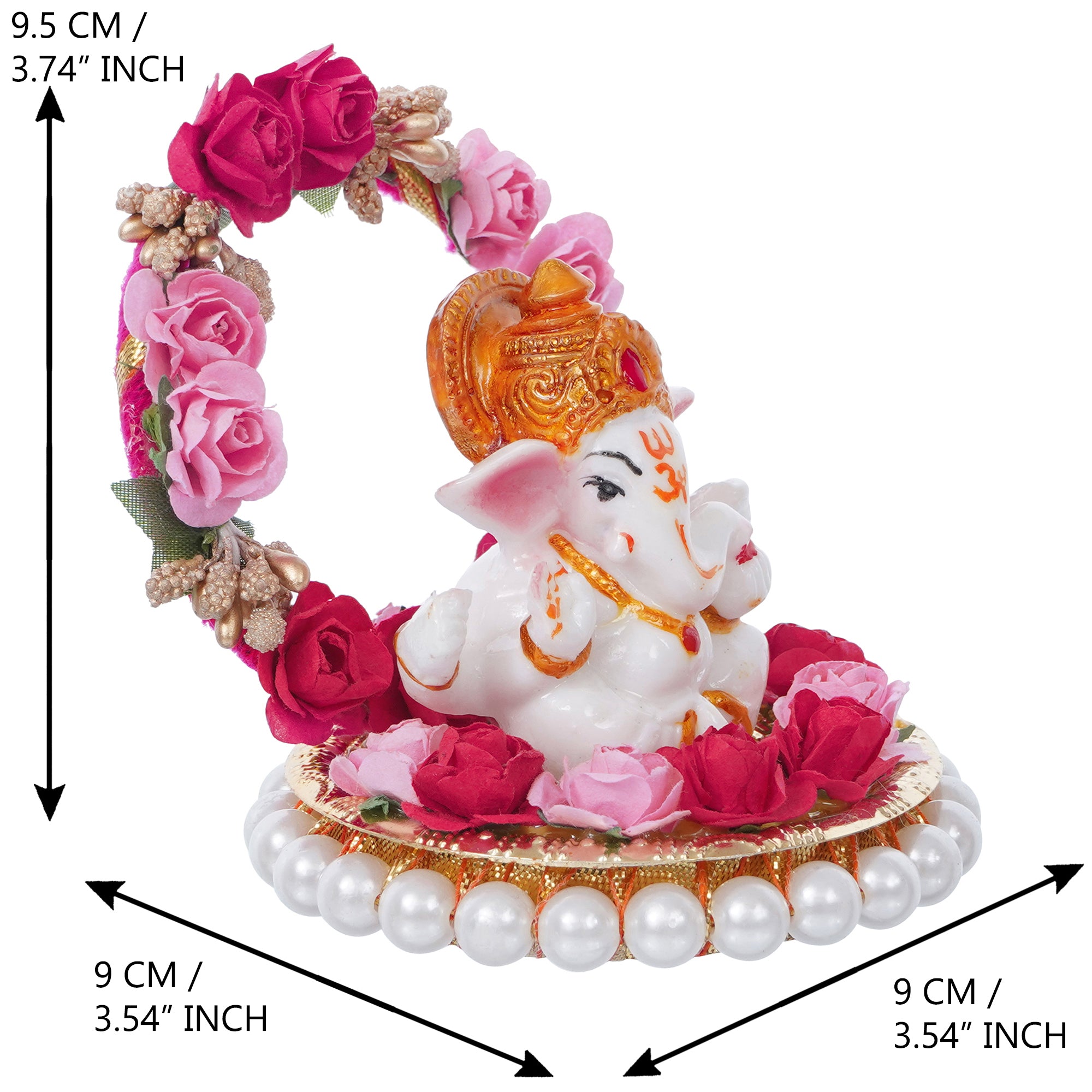 Polyresin Lord Ganesha Idol on Decorative Handcrafted Plate with Throne of Pink and Red Flowers 3