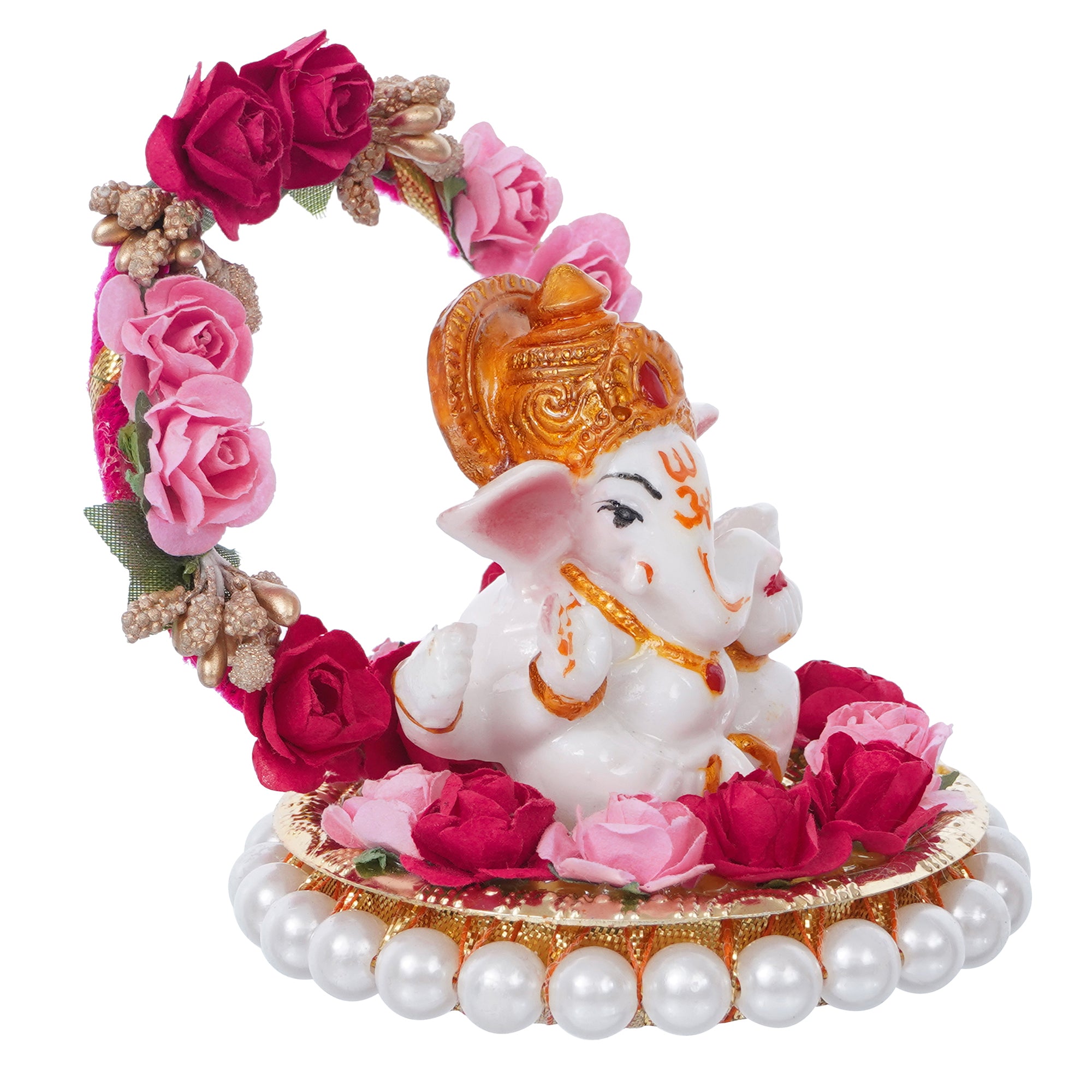 Polyresin Lord Ganesha Idol on Decorative Handcrafted Plate with Throne of Pink and Red Flowers 4