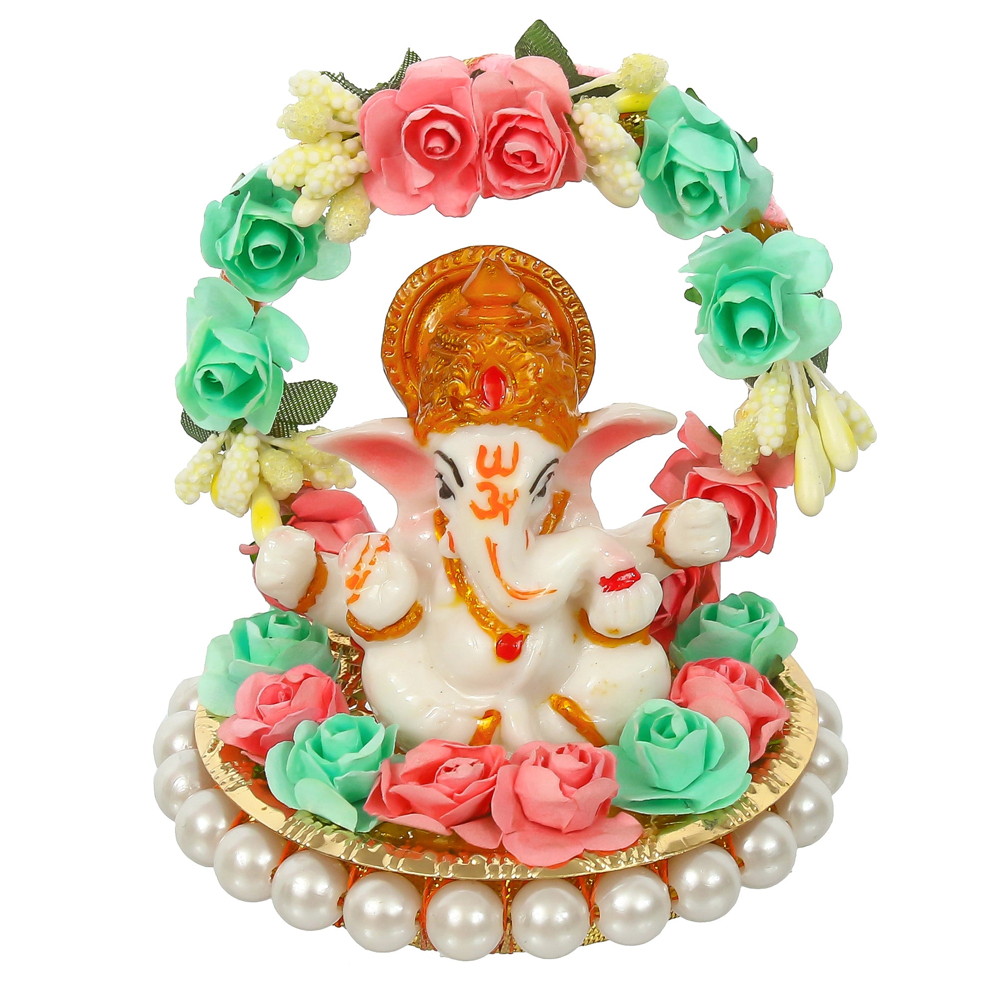 Lord Ganesha Idol On Decorative Handicrafted Plate With Throne Of Pink And Green Flowers 2