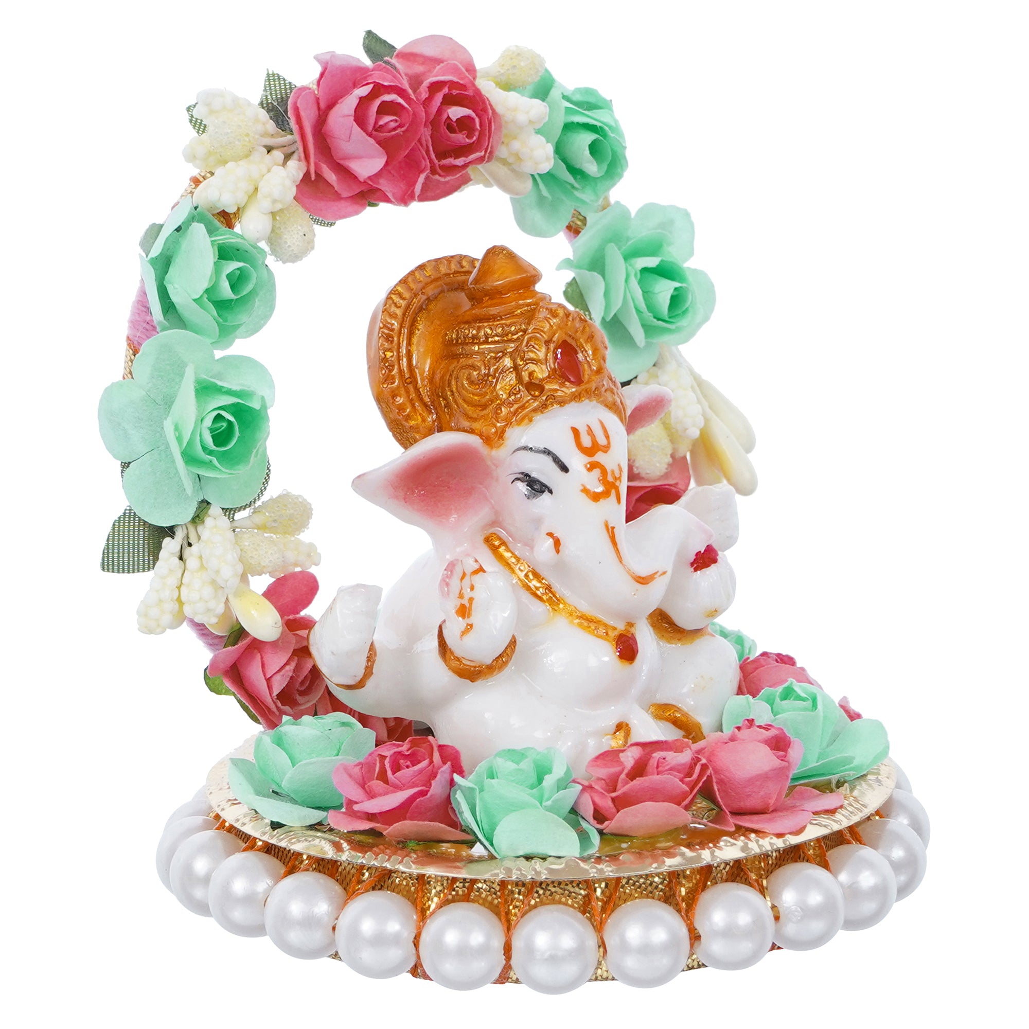 Lord Ganesha Idol On Decorative Handicrafted Plate With Throne Of Pink And Green Flowers 4