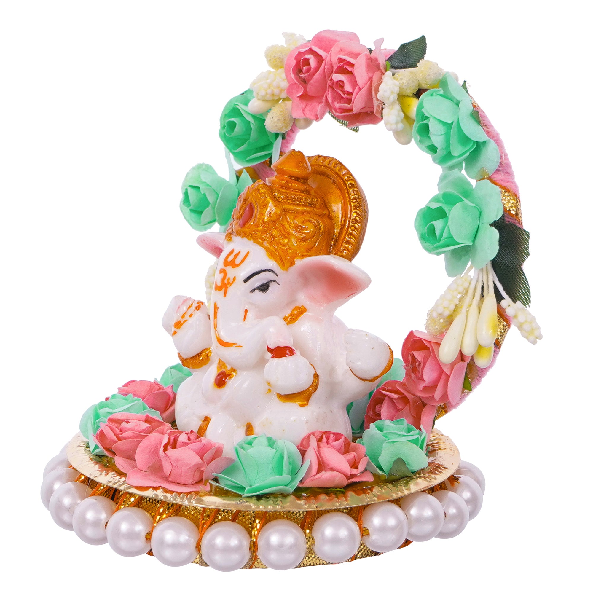 Lord Ganesha Idol On Decorative Handicrafted Plate With Throne Of Pink And Green Flowers 5