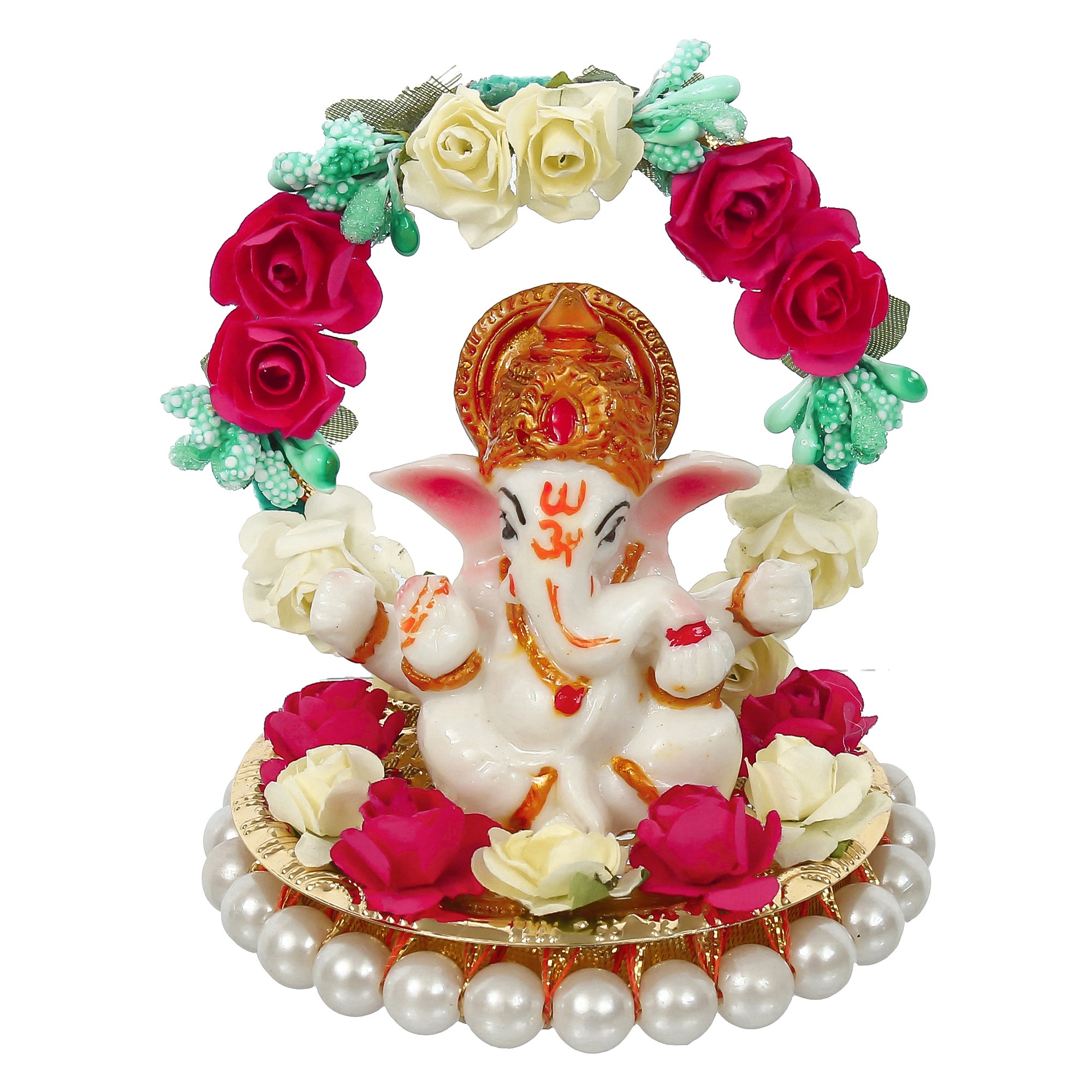 Polyresin Lord Ganesha Idol on Decorative Handcrafted Plate with Throne of Colorful Flowers 2