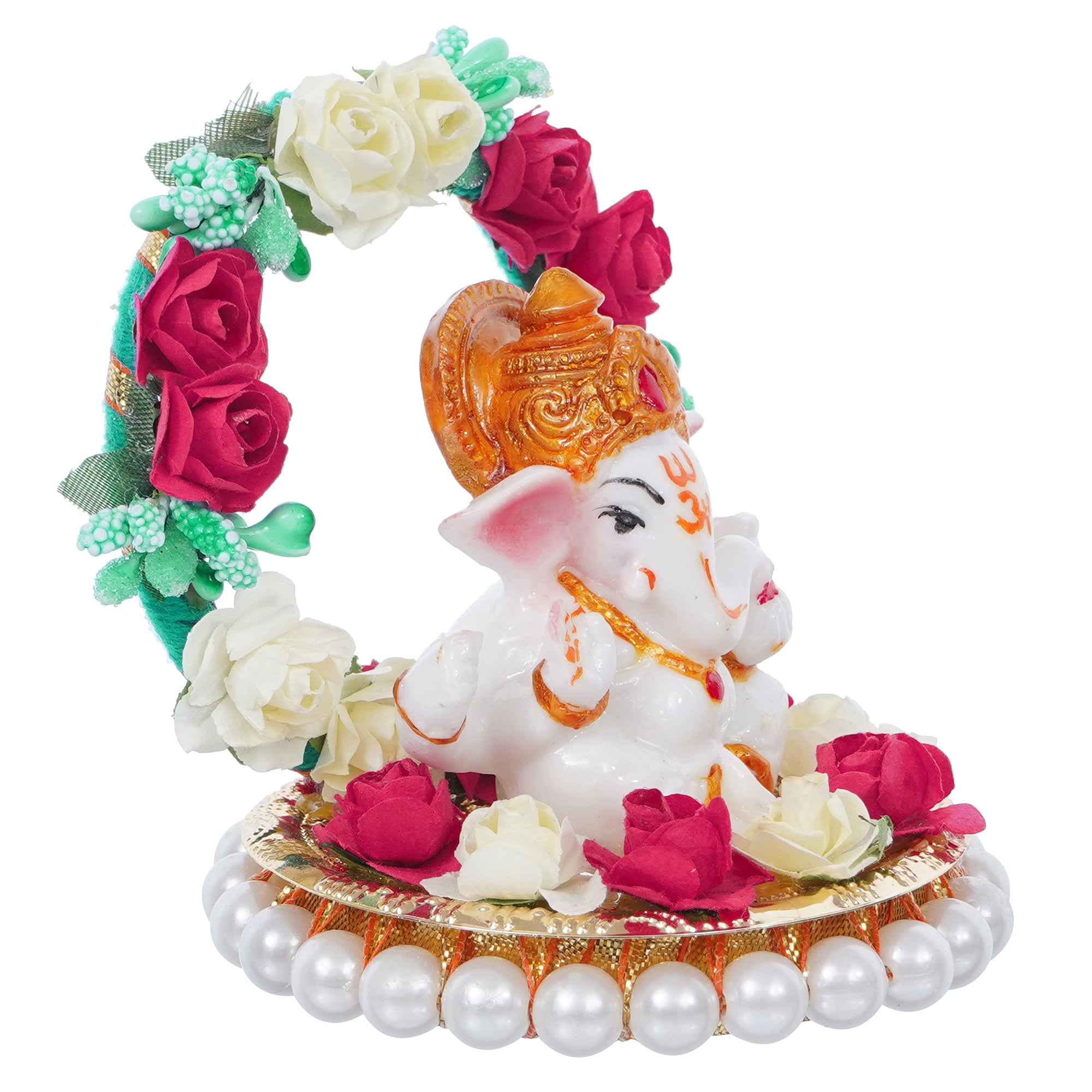 Polyresin Lord Ganesha Idol on Decorative Handcrafted Plate with Throne of Colorful Flowers 4