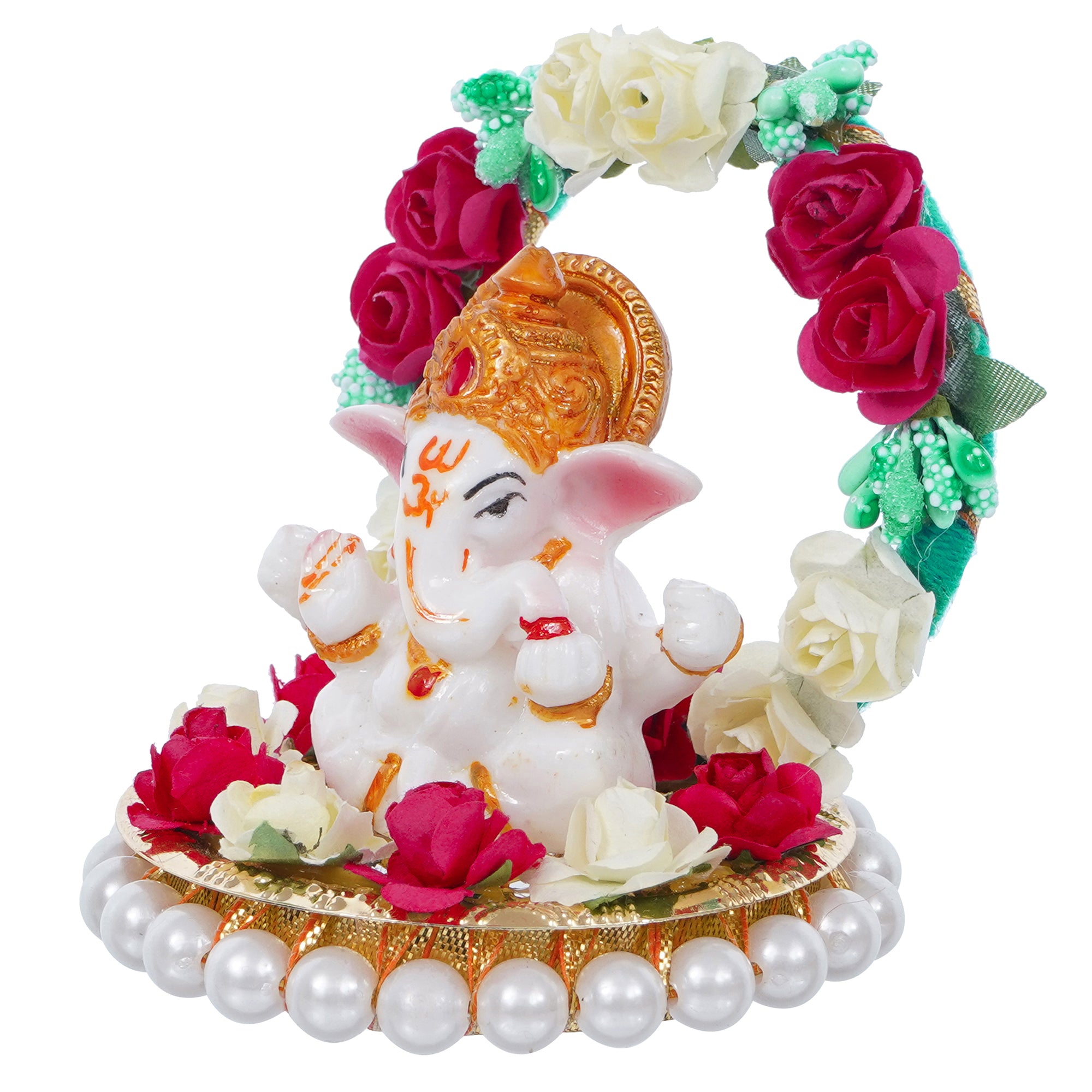 Polyresin Lord Ganesha Idol on Decorative Handcrafted Plate with Throne of Colorful Flowers 5