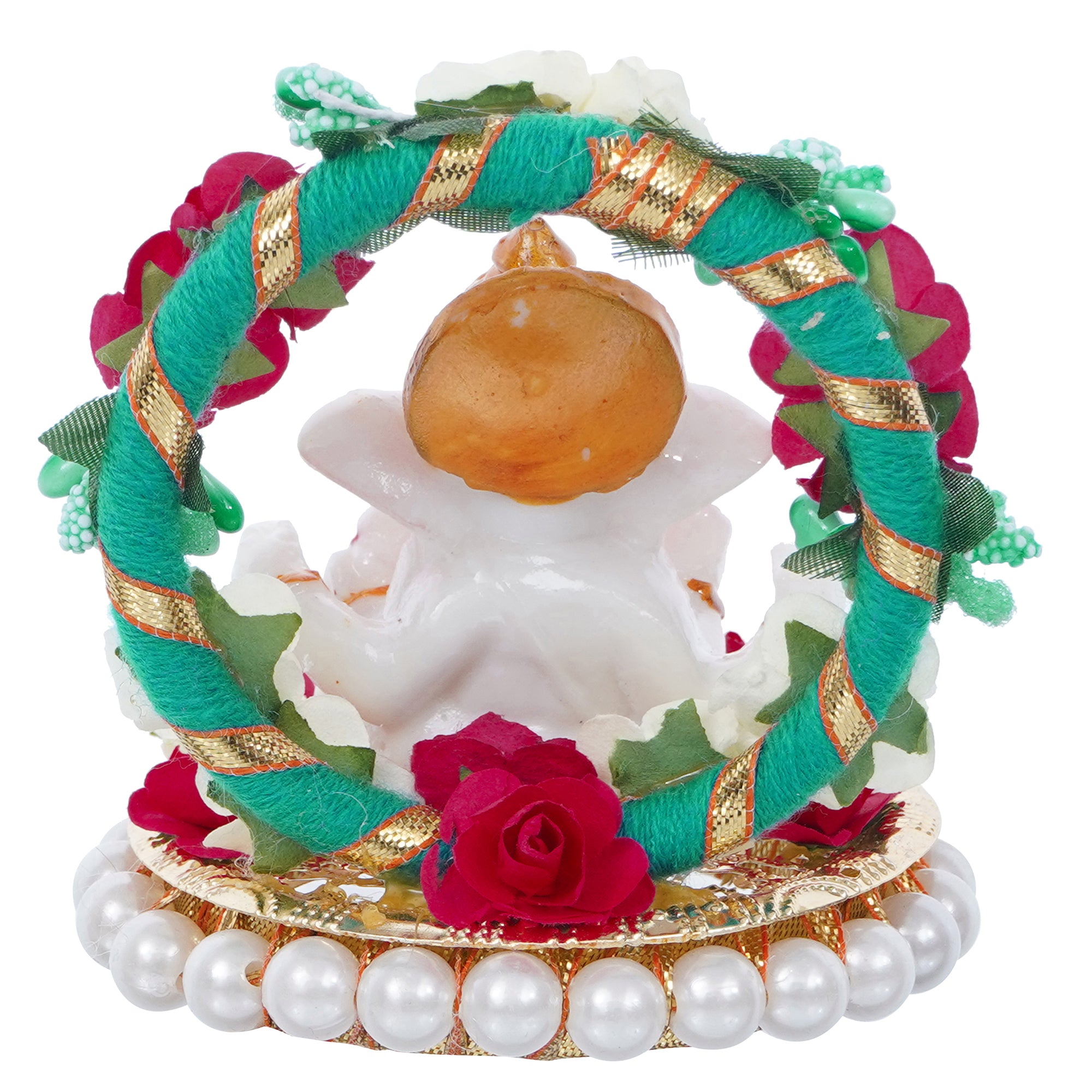 Polyresin Lord Ganesha Idol on Decorative Handcrafted Plate with Throne of Colorful Flowers 6