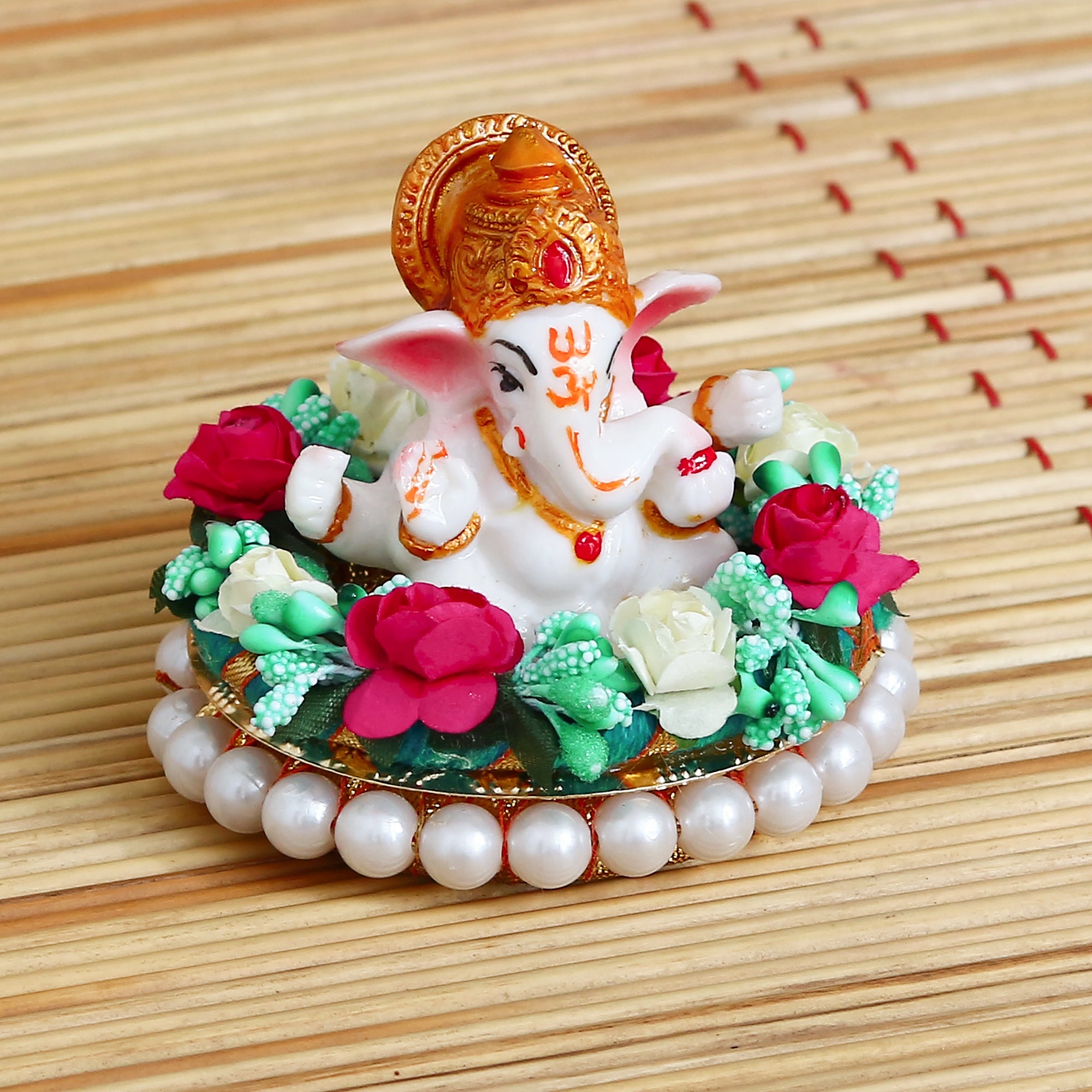 Lord Ganesha Idol on Decorative Handcrafted Plate with Colorful Flowers 1