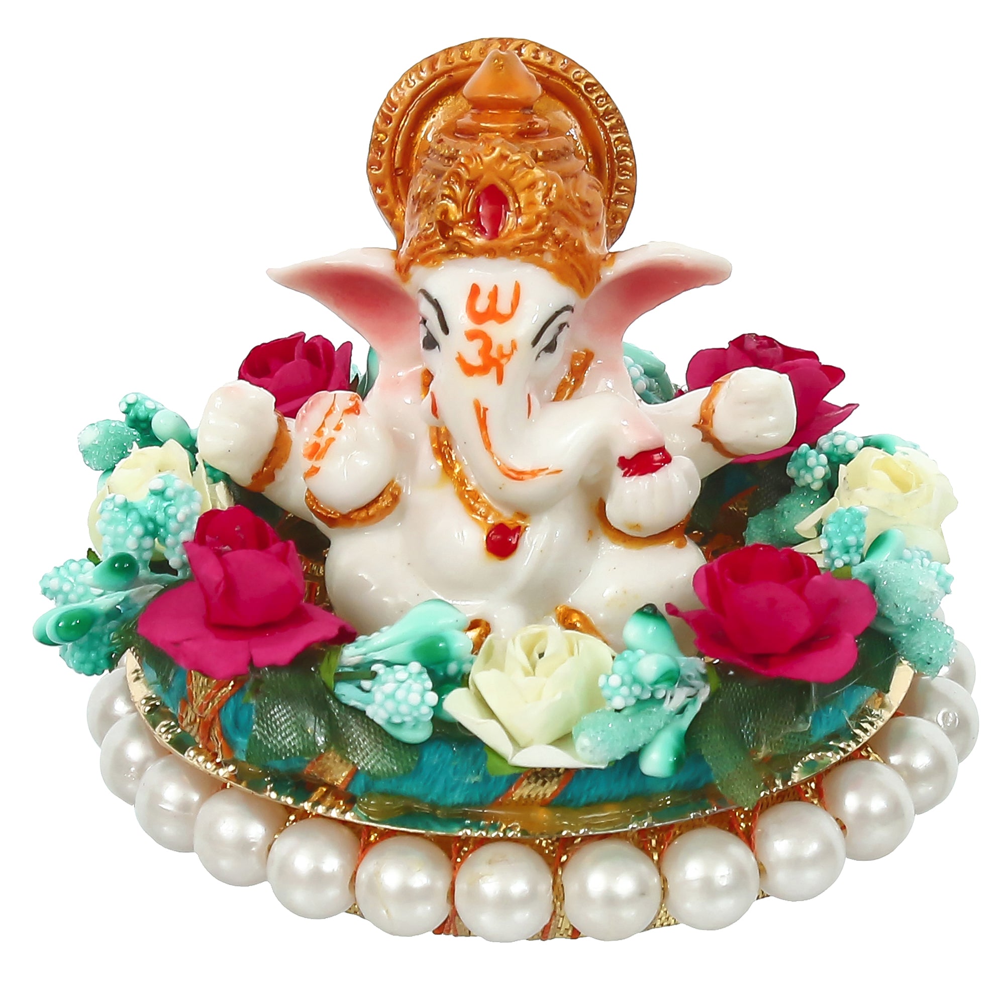Lord Ganesha Idol on Decorative Handcrafted Plate with Colorful Flowers 2