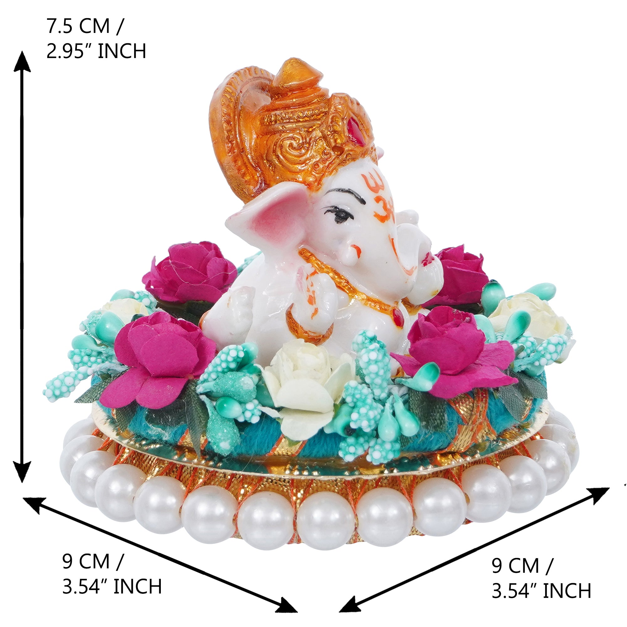 Lord Ganesha Idol on Decorative Handcrafted Plate with Colorful Flowers 3