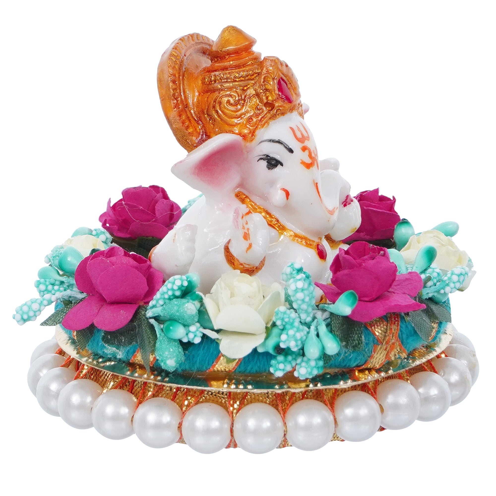 Lord Ganesha Idol on Decorative Handcrafted Plate with Colorful Flowers 4