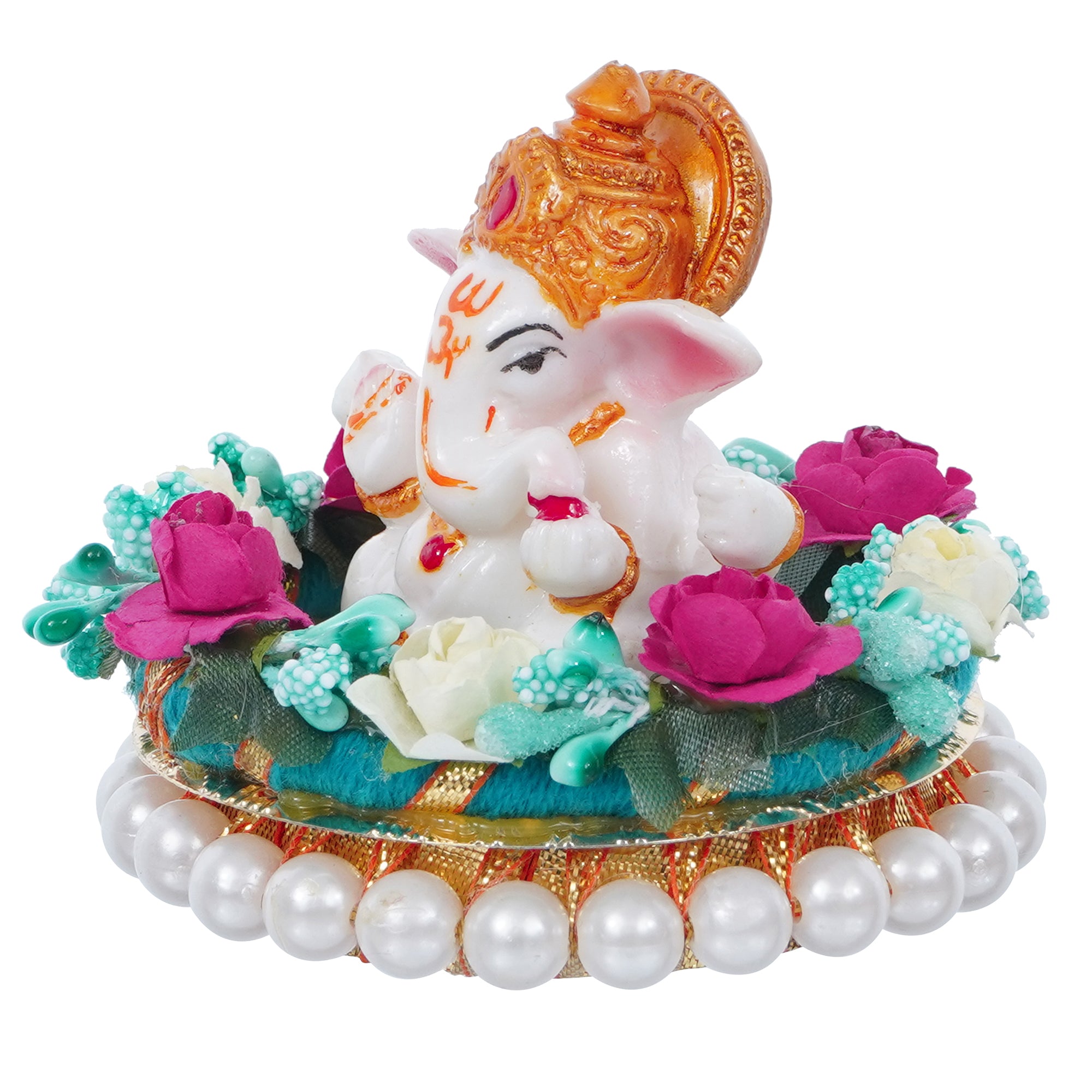 Lord Ganesha Idol on Decorative Handcrafted Plate with Colorful Flowers 5