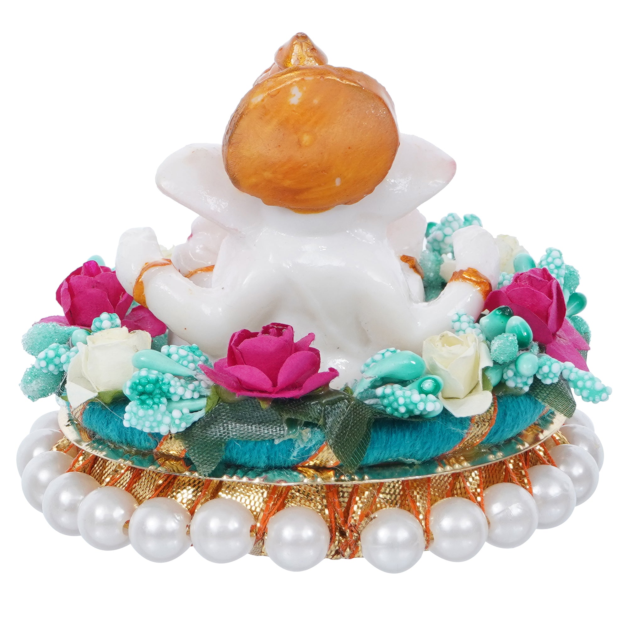 Lord Ganesha Idol on Decorative Handcrafted Plate with Colorful Flowers 6