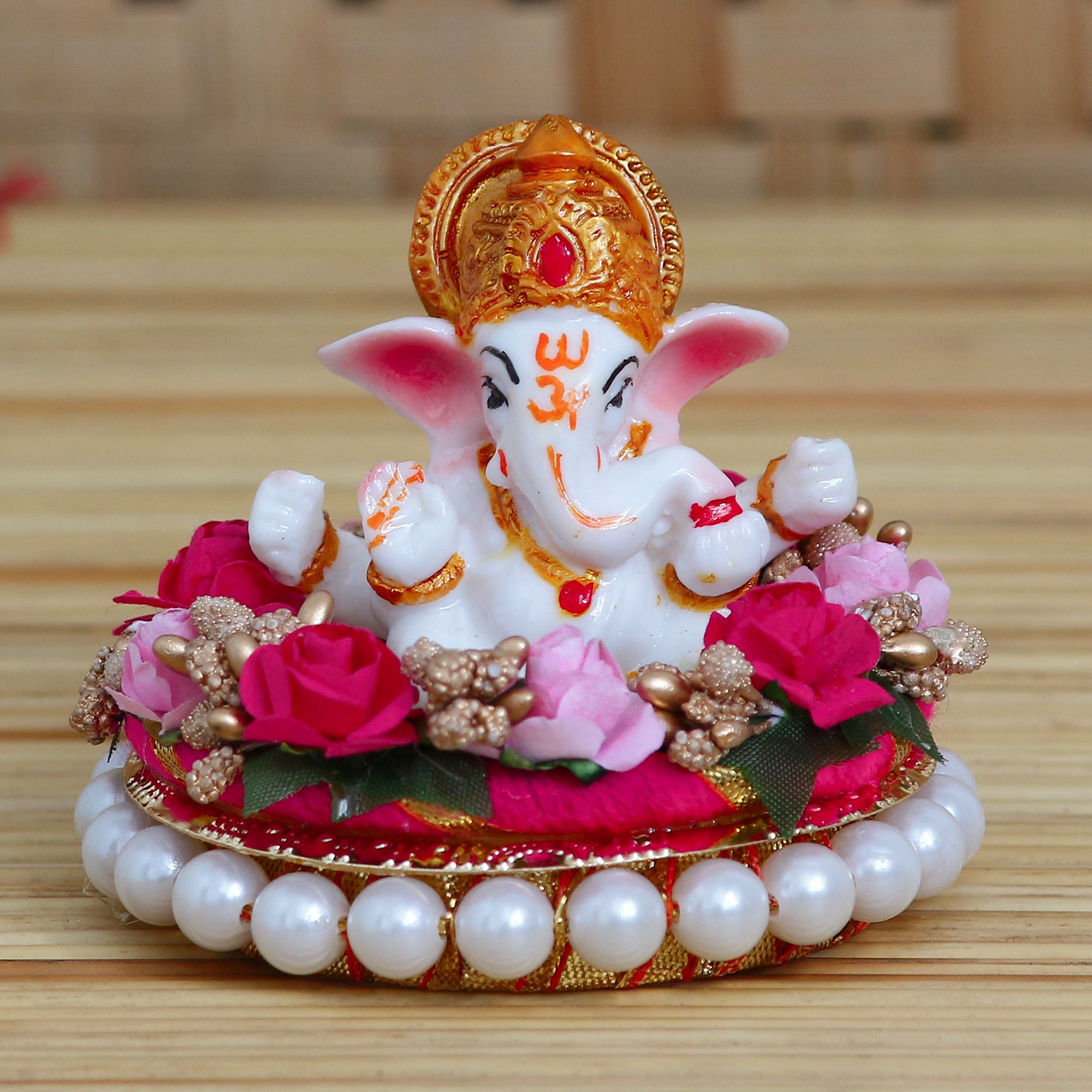 Lord Ganesha Idol On Decorative Handcrafted Colorful Flowers Plate