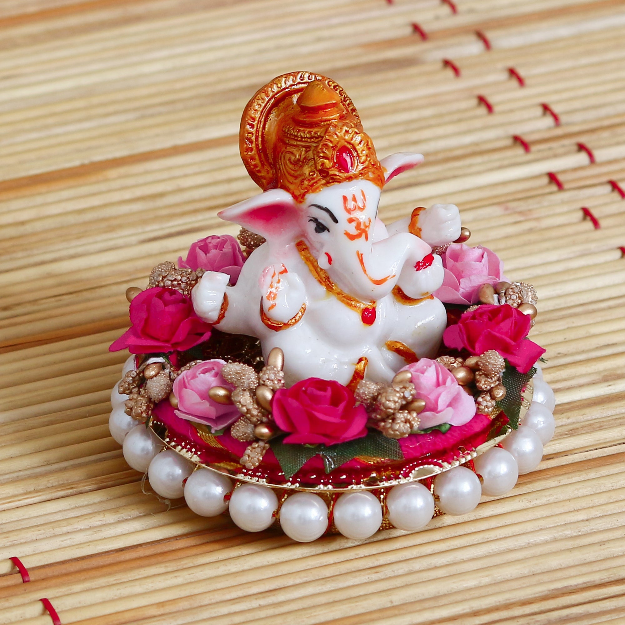 Lord Ganesha Idol On Decorative Handcrafted Colorful Flowers Plate 1