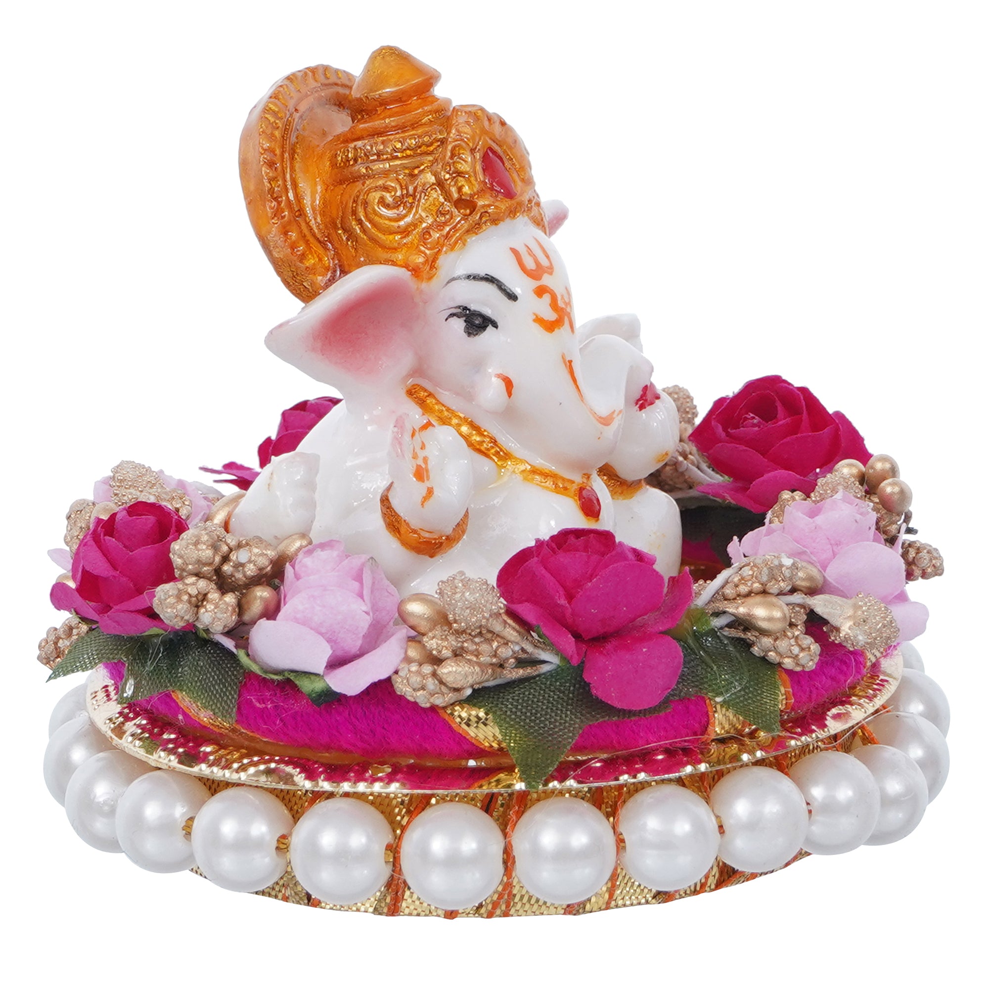 Lord Ganesha Idol On Decorative Handcrafted Colorful Flowers Plate 4