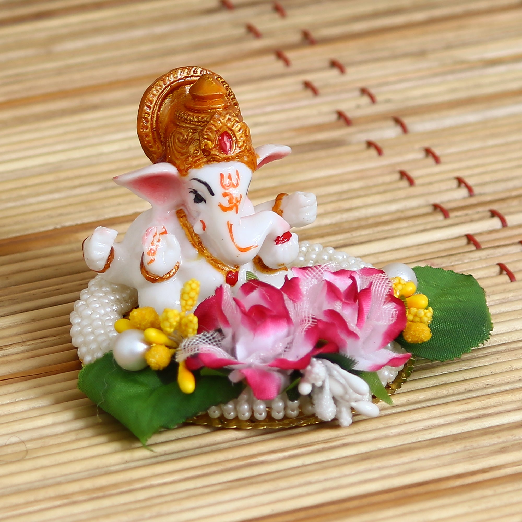 Lord Ganesha Idol on Decorative Handcrafted Plate with Colorful Flowers and Leaf 1