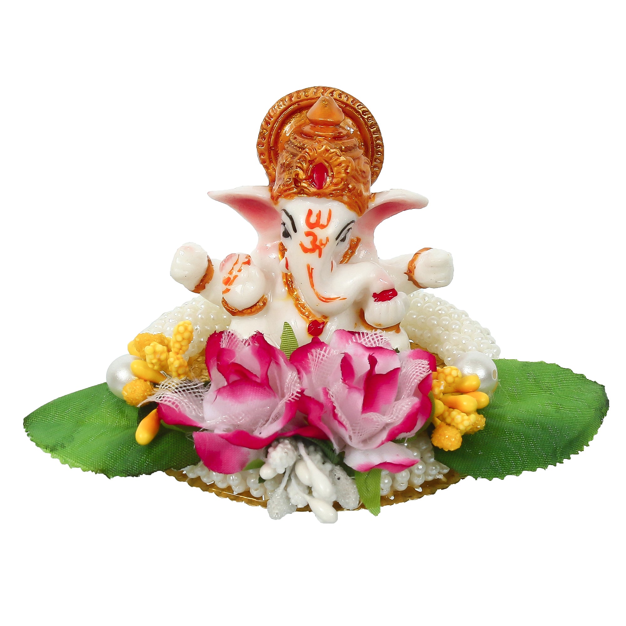 Lord Ganesha Idol on Decorative Handcrafted Plate with Colorful Flowers and Leaf 2