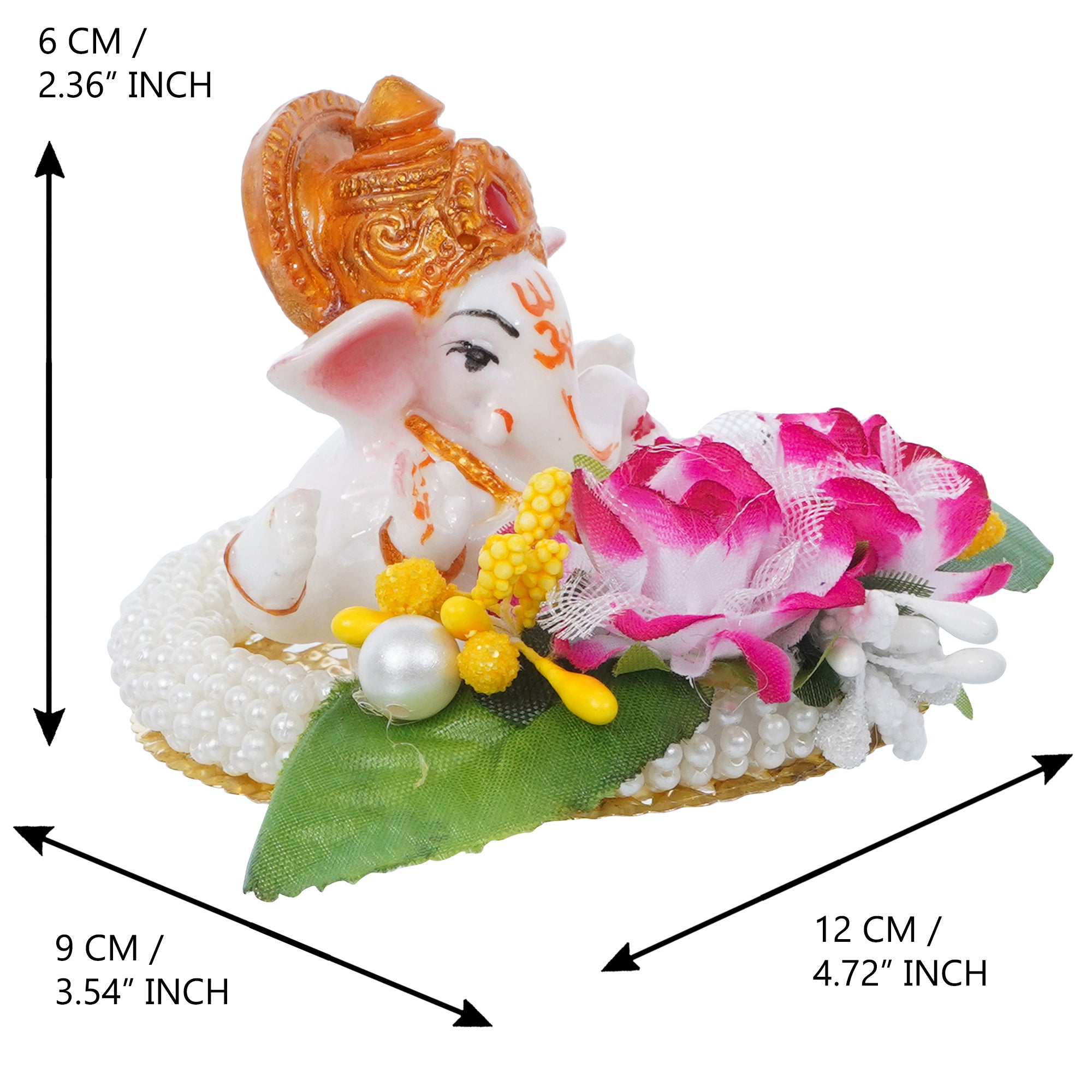 Lord Ganesha Idol on Decorative Handcrafted Plate with Colorful Flowers and Leaf 3
