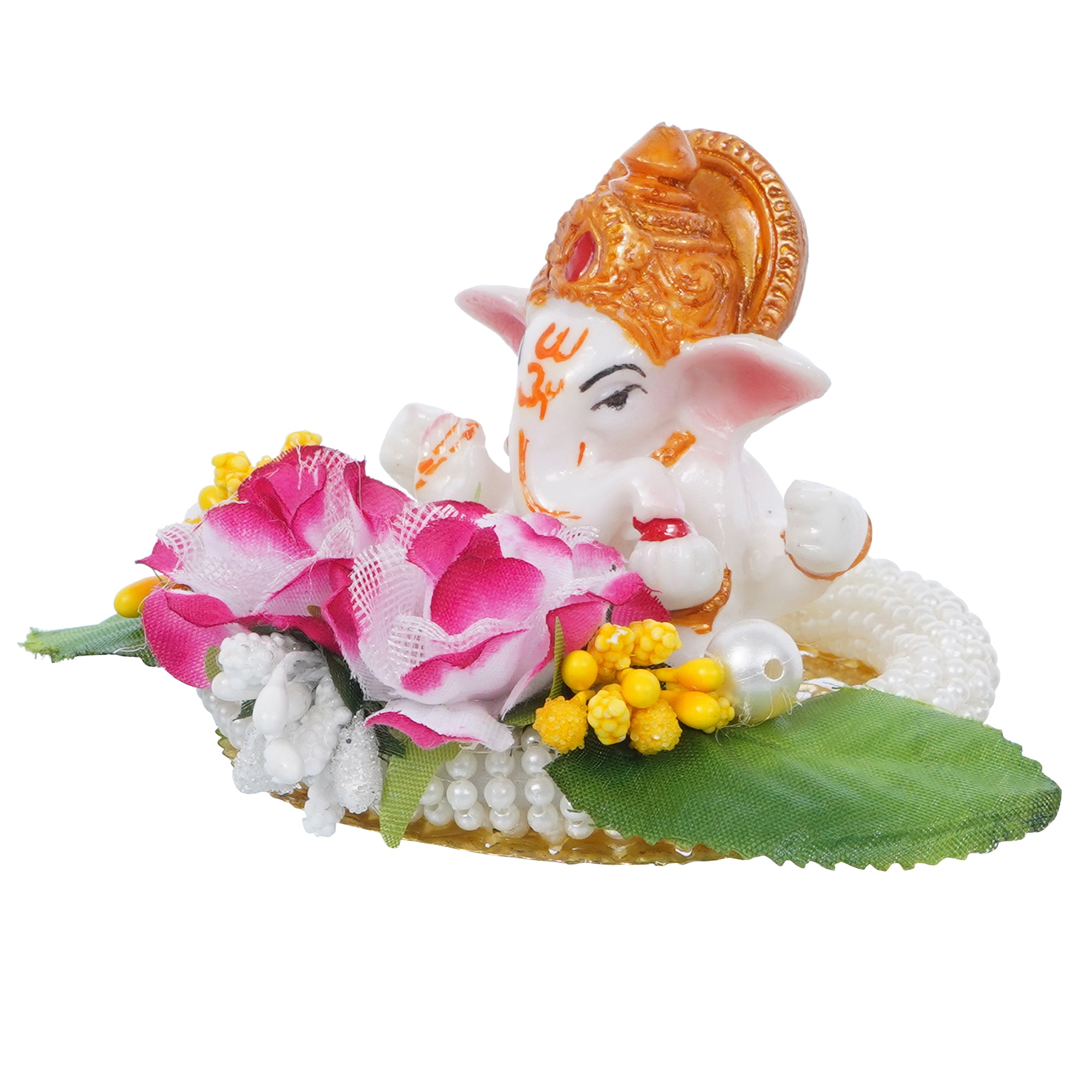 Lord Ganesha Idol on Decorative Handcrafted Plate with Colorful Flowers and Leaf 5