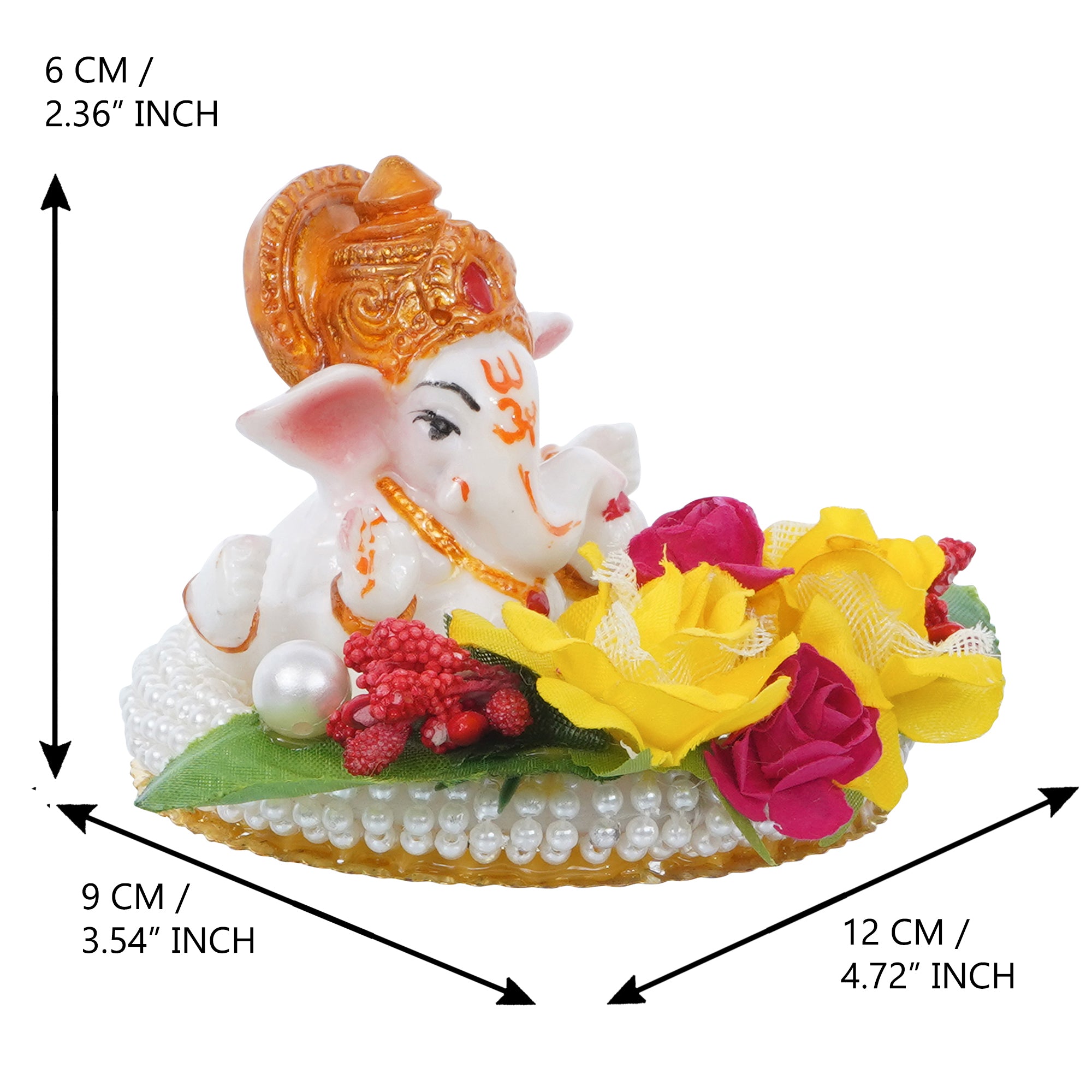 Lord Ganesha Idol on Decorative Handcrafted Plate with Colorful Flowers and Leaf 3