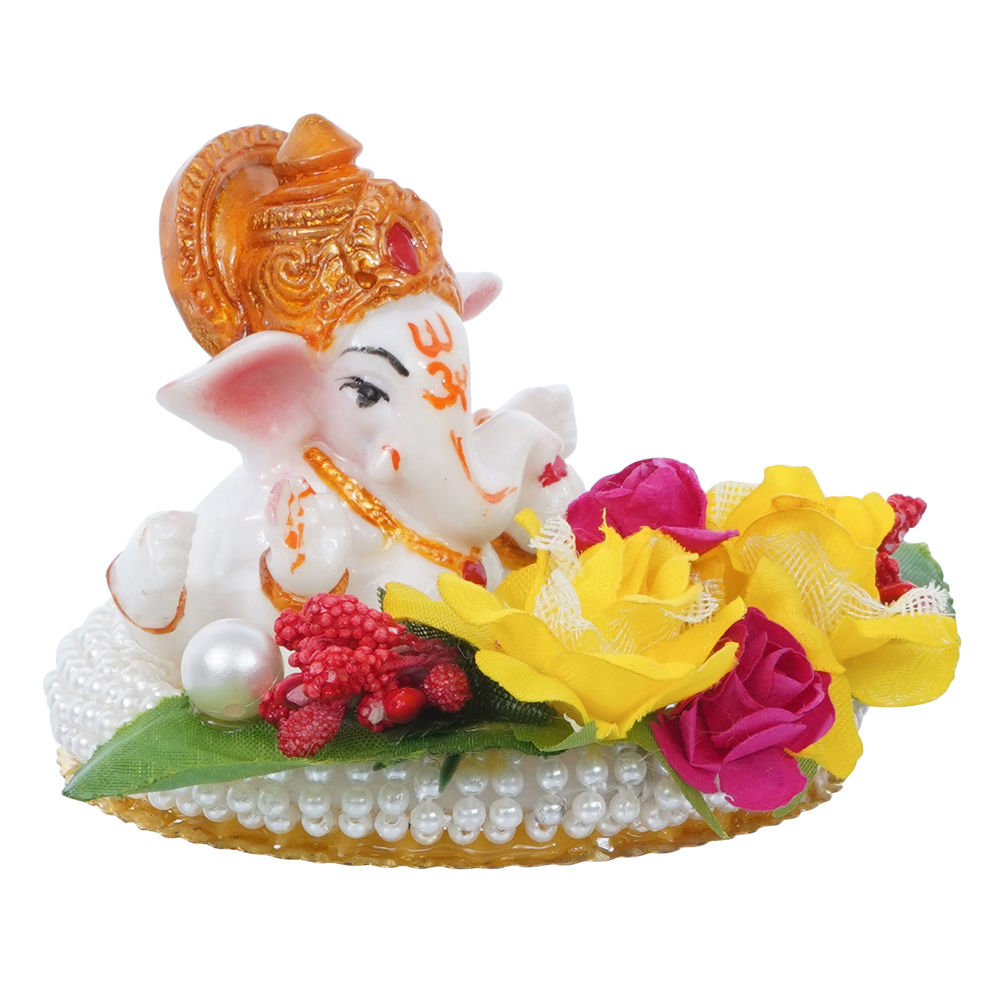 Lord Ganesha Idol on Decorative Handcrafted Plate with Colorful Flowers and Leaf 4