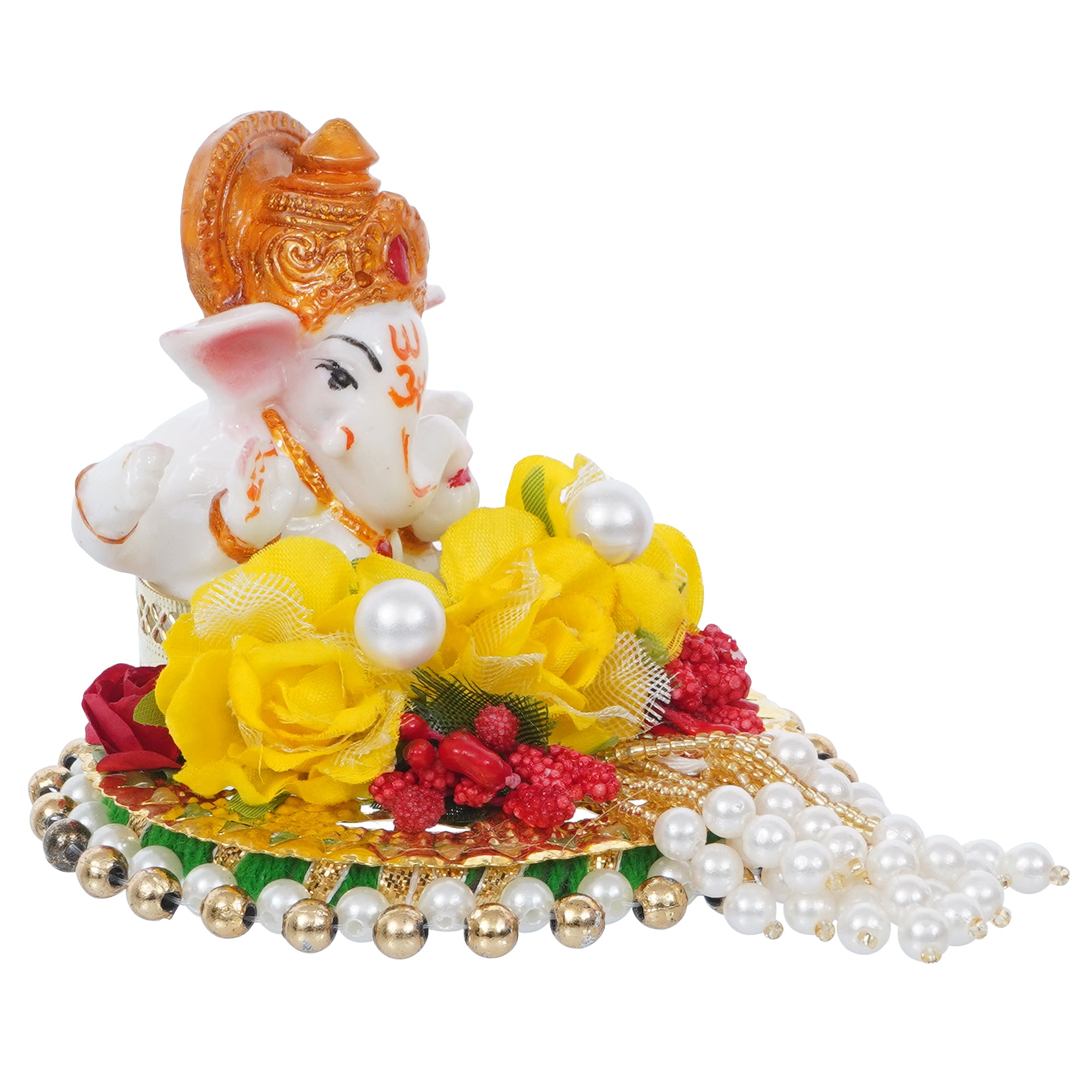 Lord Ganesha Idol on Decorative Handcrafted Plate with Colorful Flowers 2
