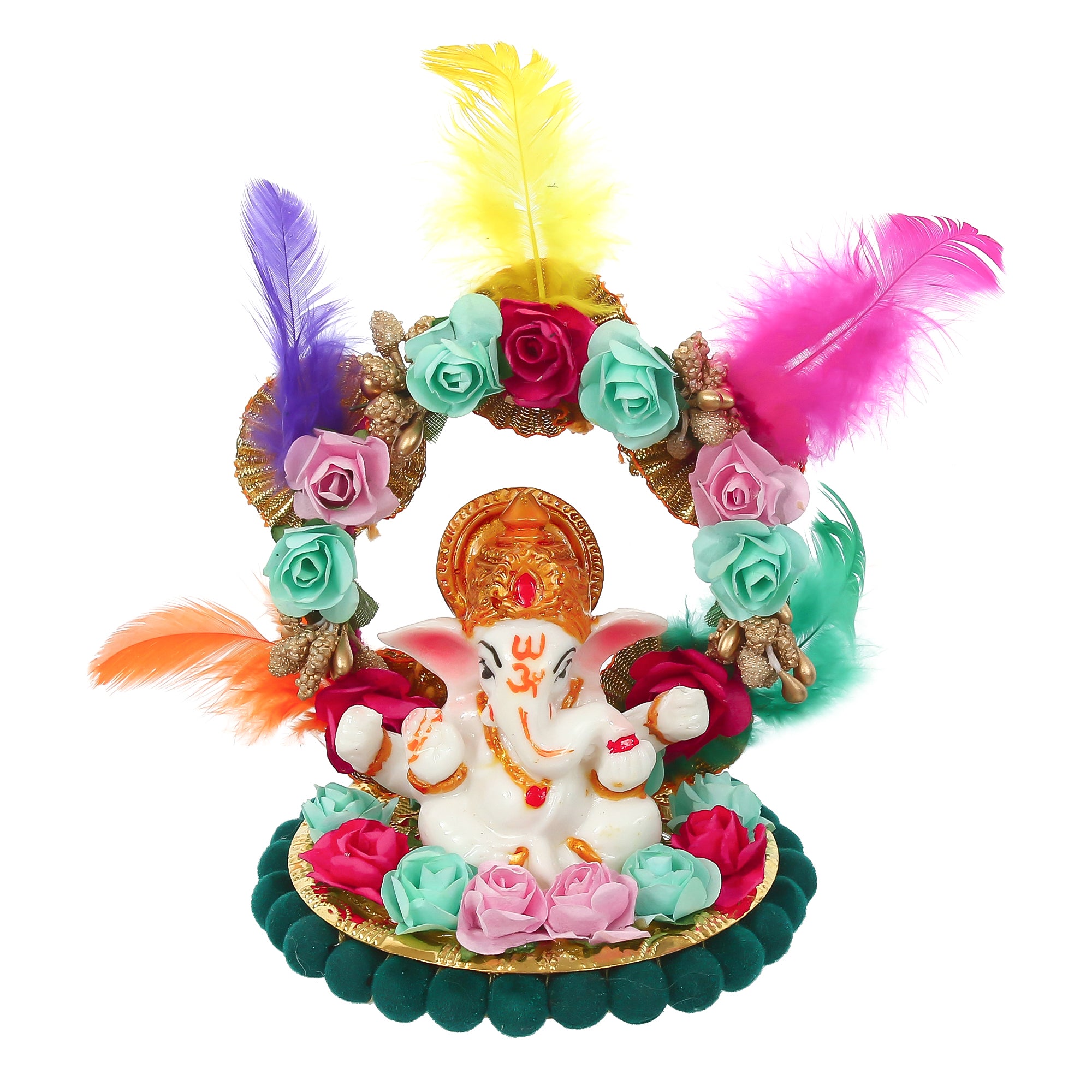 Lord Ganesha Idol On Decorative Handcrafted Plate With Throne Of Colorful Flowers And Feathers 2