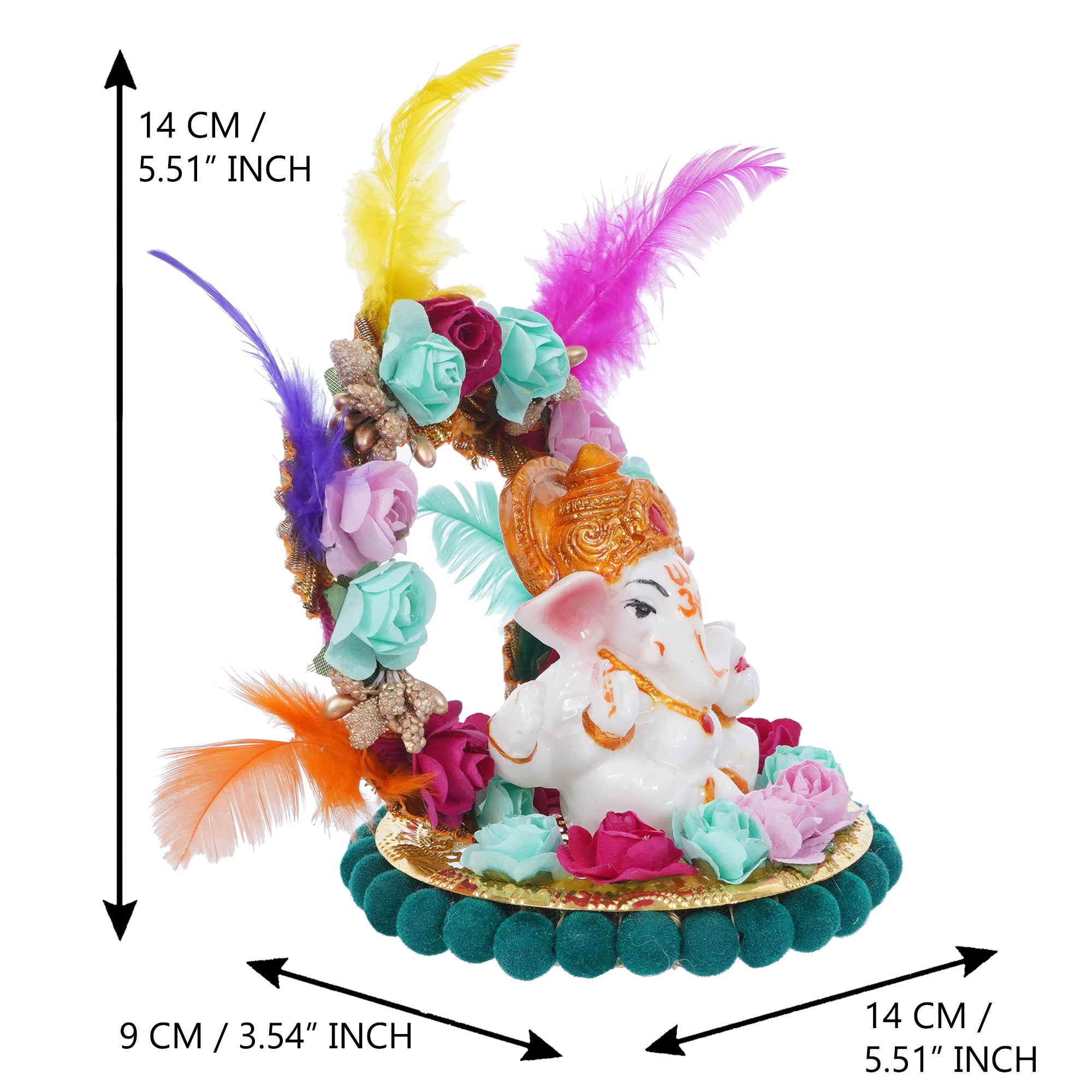 Lord Ganesha Idol On Decorative Handcrafted Plate With Throne Of Colorful Flowers And Feathers 3