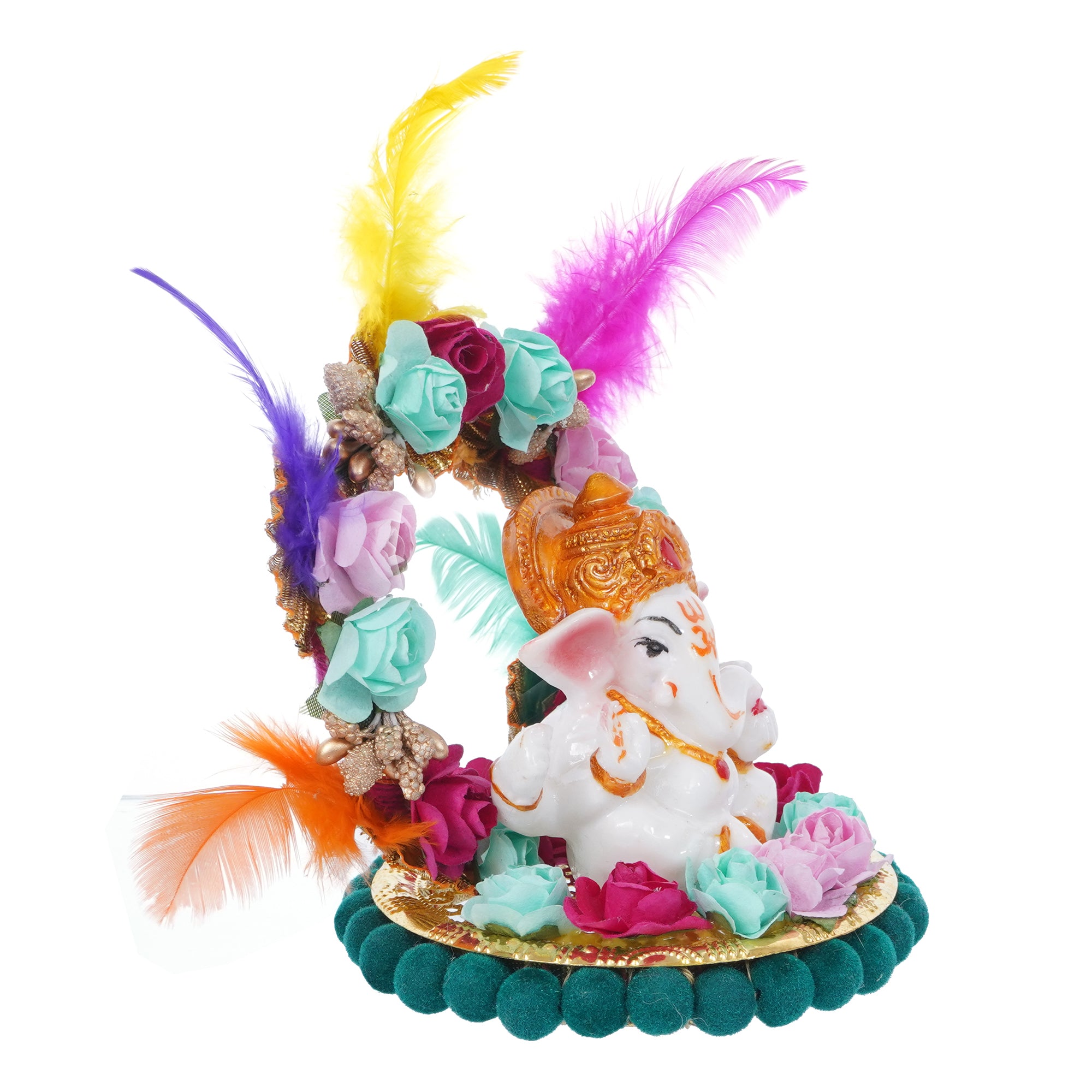 Lord Ganesha Idol On Decorative Handcrafted Plate With Throne Of Colorful Flowers And Feathers 4
