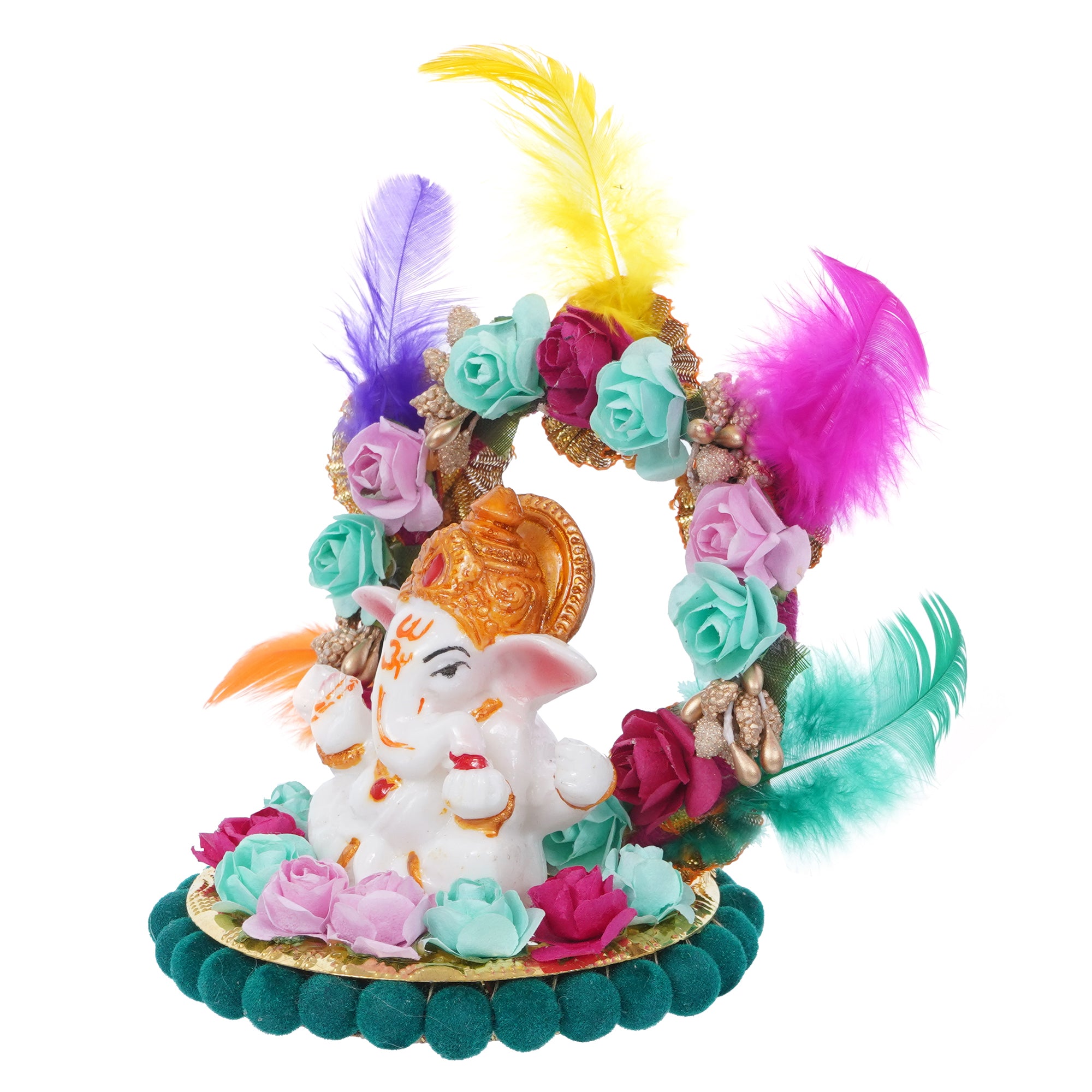 Lord Ganesha Idol On Decorative Handcrafted Plate With Throne Of Colorful Flowers And Feathers 5