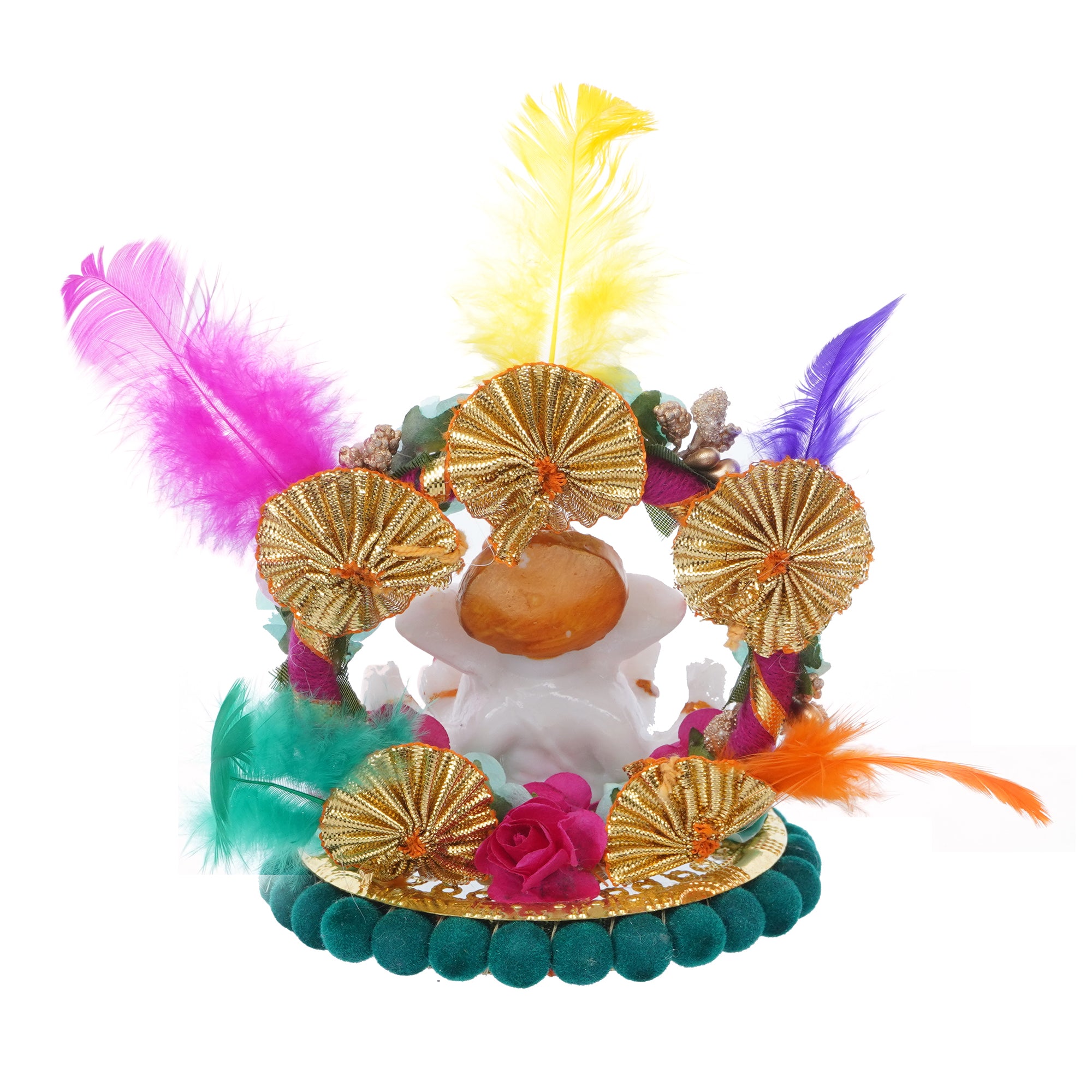 Lord Ganesha Idol On Decorative Handcrafted Plate With Throne Of Colorful Flowers And Feathers 6