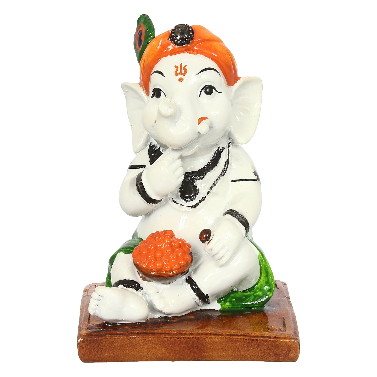 Decorative Polyresin Lord Ganesha Idol eating Ladoo in Lord Krishna Avatar (White, Orange, Green) 4