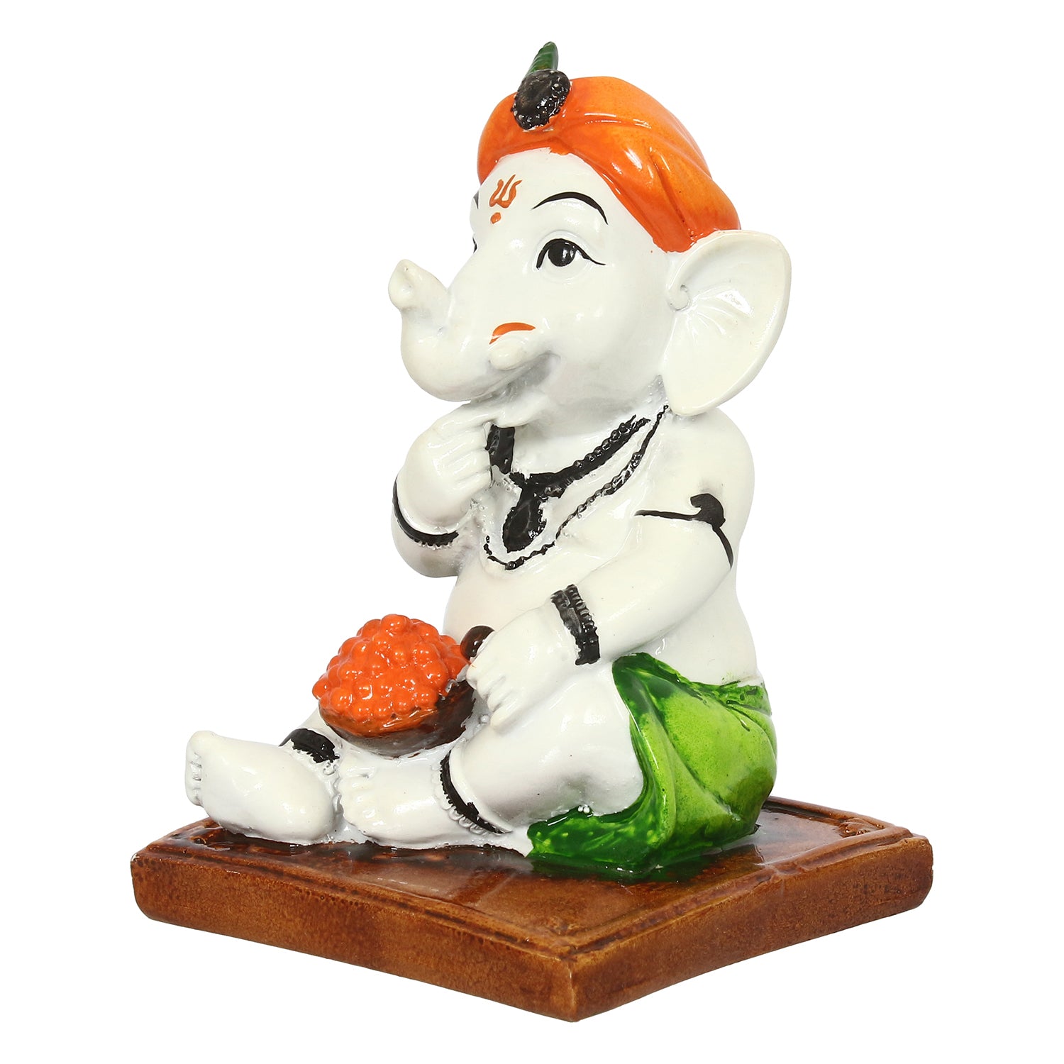Decorative Polyresin Lord Ganesha Idol eating Ladoo in Lord Krishna Avatar (White, Orange, Green) 5
