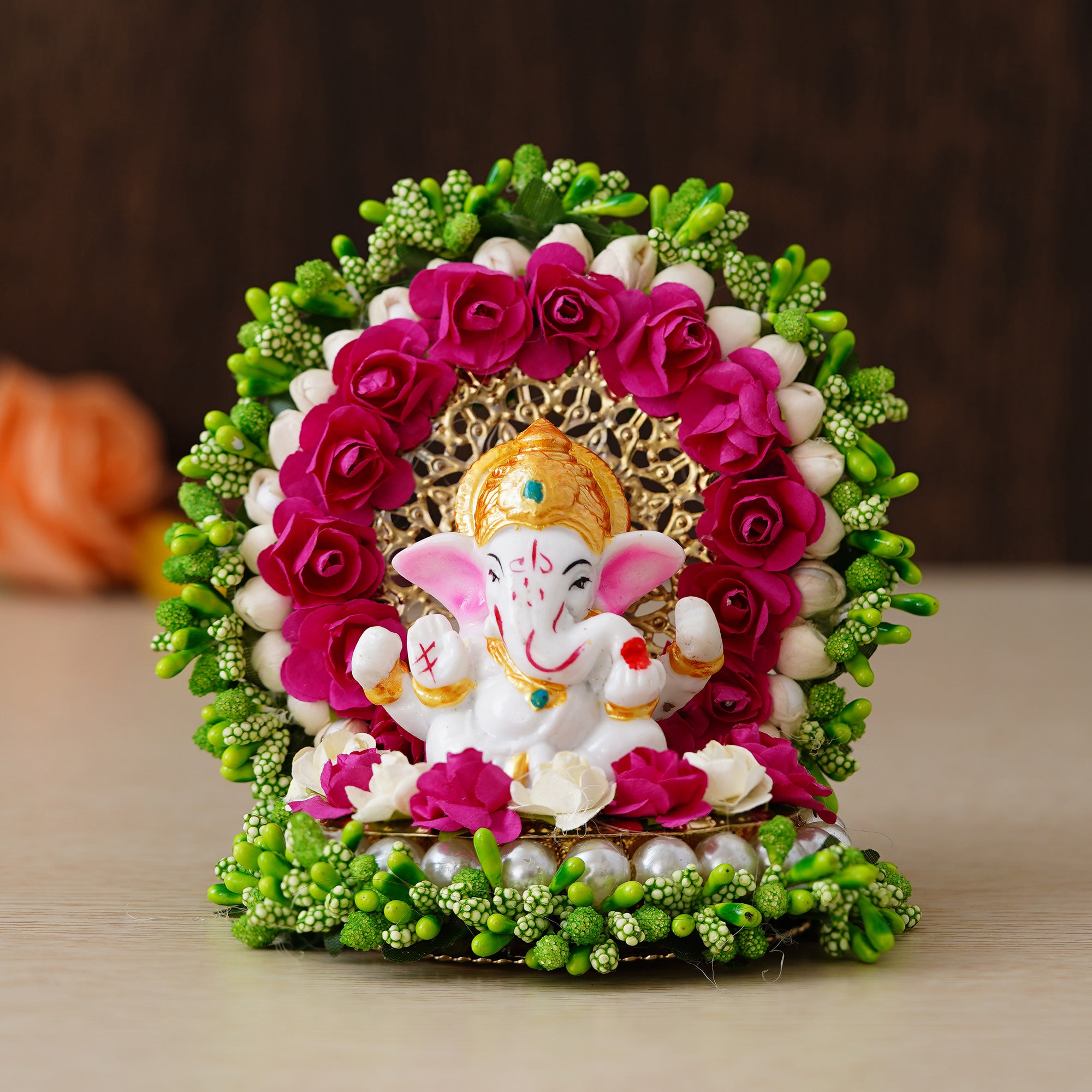 Designer Ganesha Rakhi with Lord Ganesha Idol on Decorative Handcrafted Green Floral Plate for Home and Car and Roli Chawal Pack 2