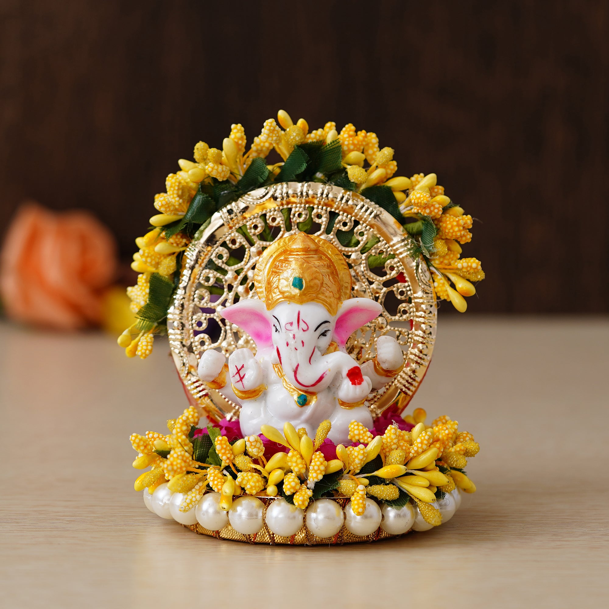 Polyresin Lord Ganesha Idol on Handcrafted Yellow Floral Plate for Home and Car Dashboard