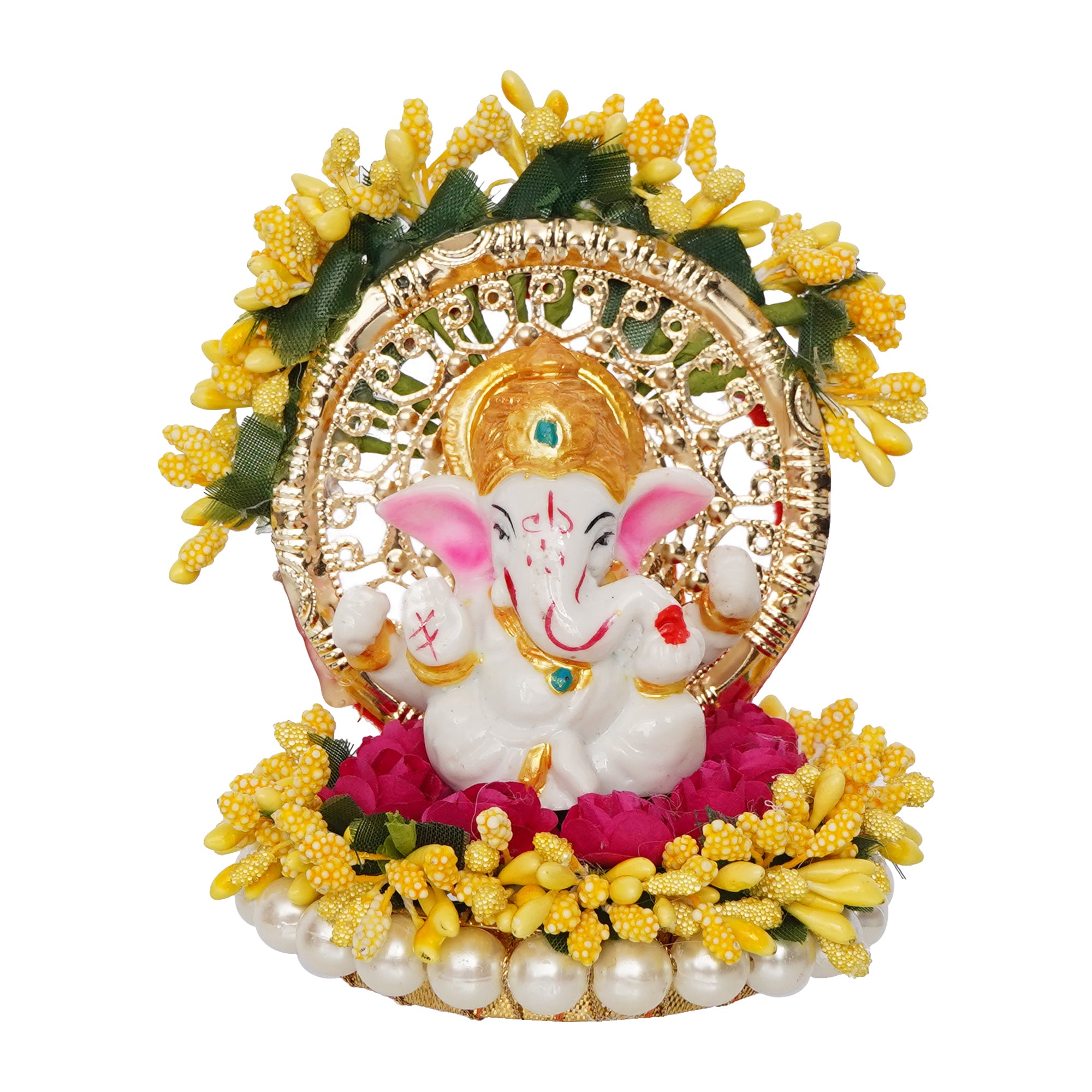 Polyresin Lord Ganesha Idol on Handcrafted Yellow Floral Plate for Home and Car Dashboard 2