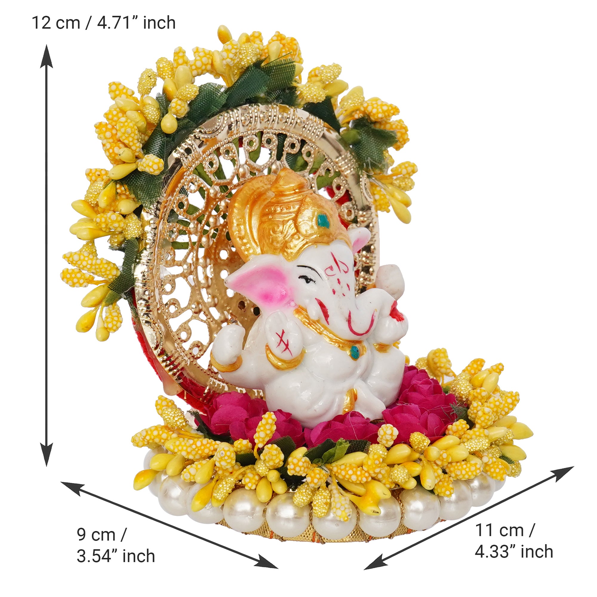 Polyresin Lord Ganesha Idol on Handcrafted Yellow Floral Plate for Home and Car Dashboard 3