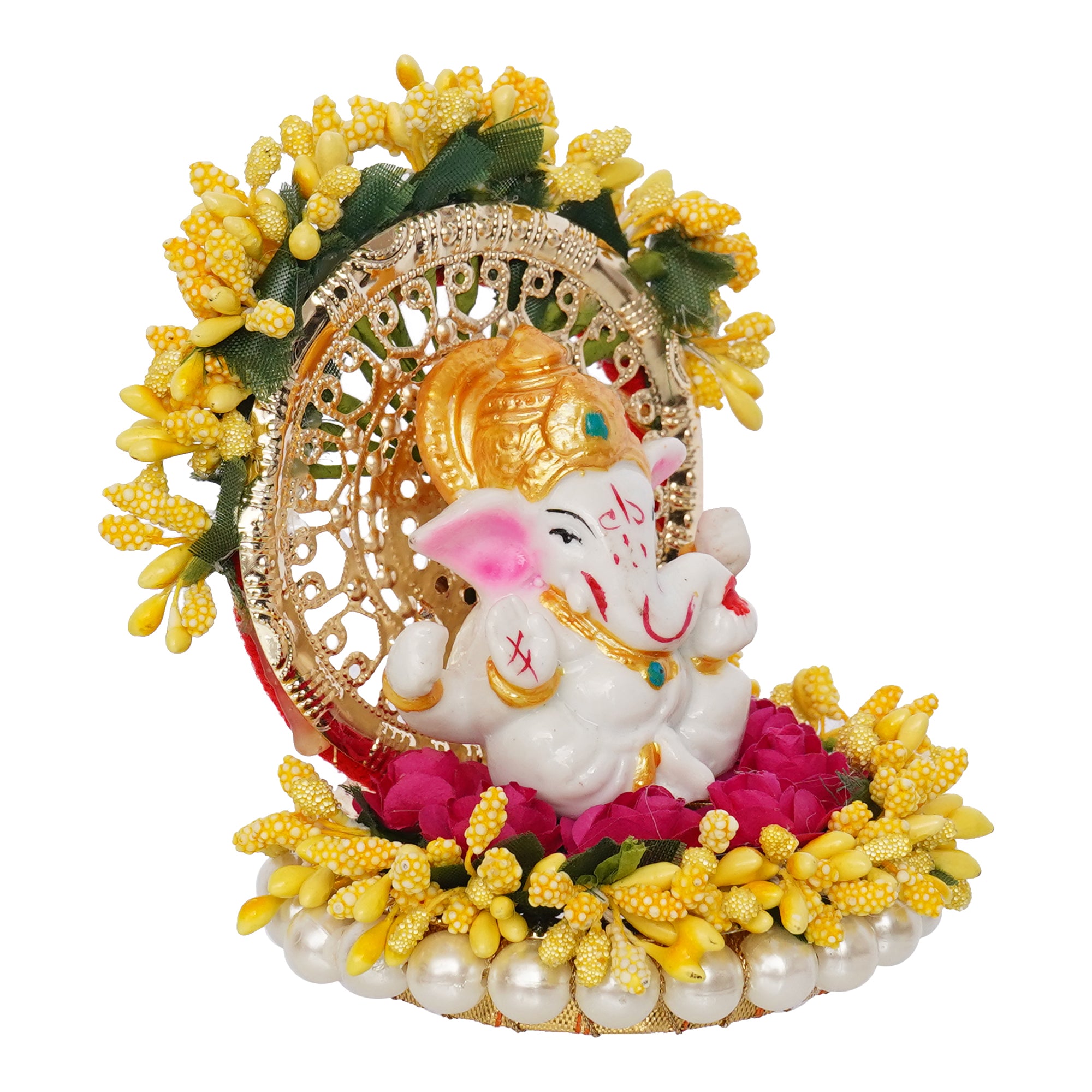 Polyresin Lord Ganesha Idol on Handcrafted Yellow Floral Plate for Home and Car Dashboard 4