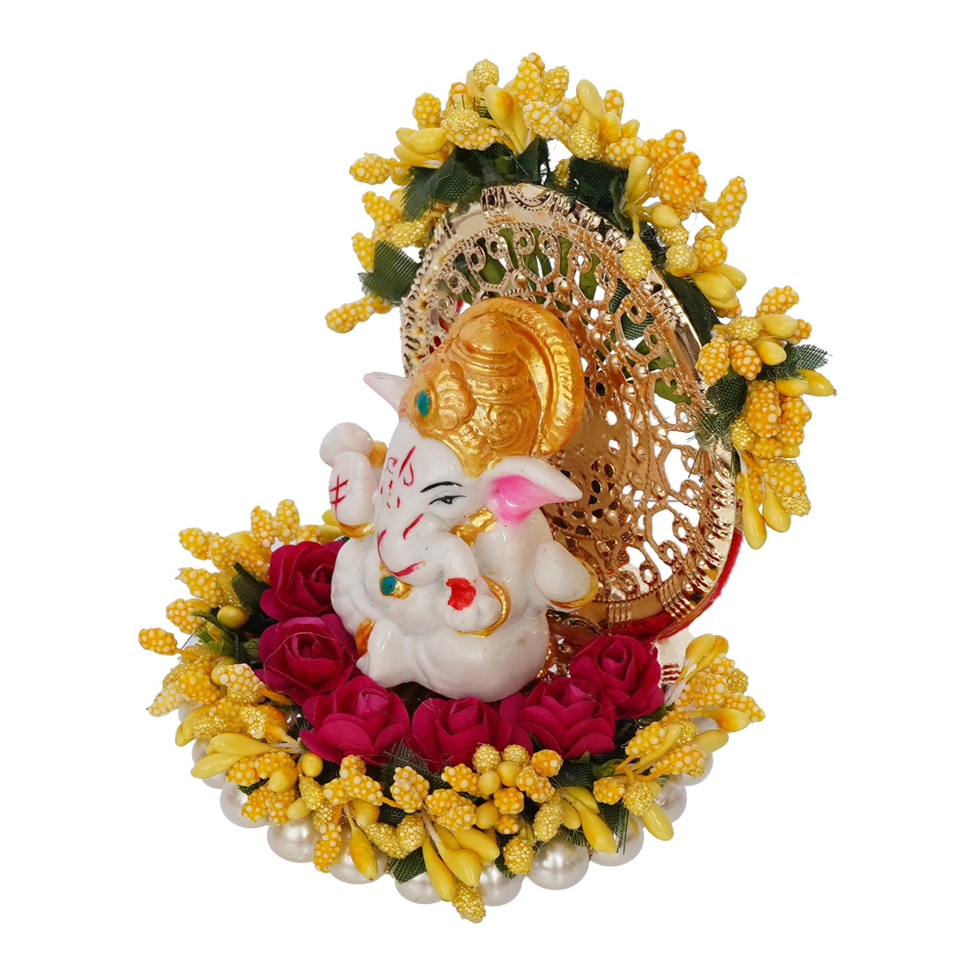 Polyresin Lord Ganesha Idol on Handcrafted Yellow Floral Plate for Home and Car Dashboard 5