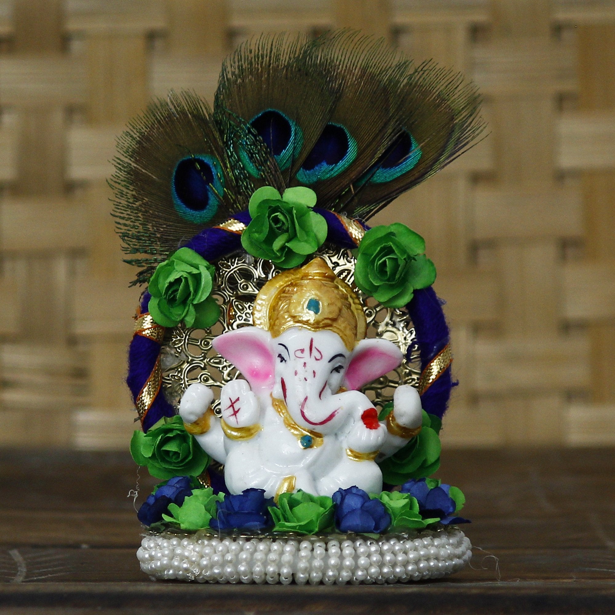 Polyresin Lord Ganesha Idol on Handcrafted Peacock Feather Floral Plate for Home and Car Dashboard 1