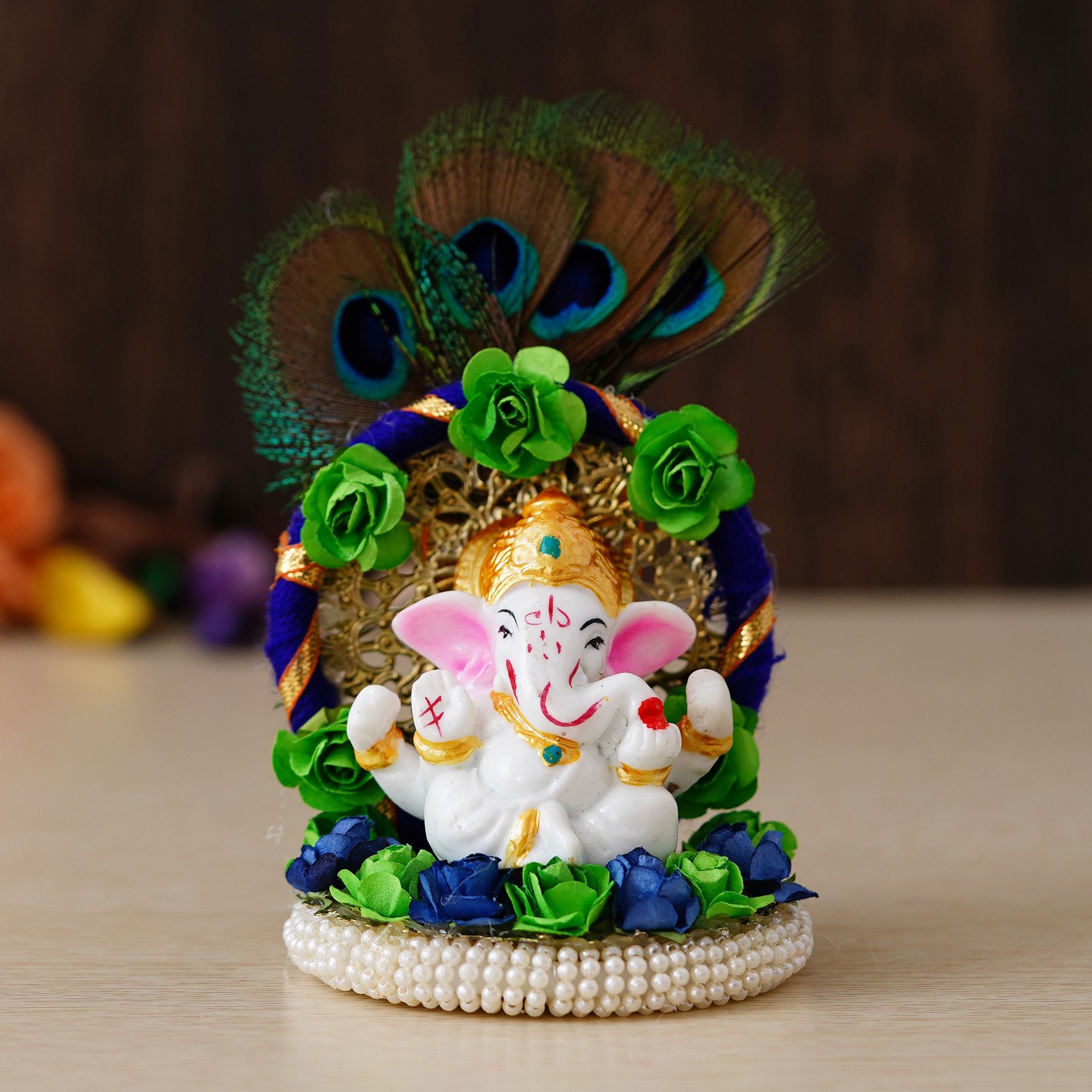 Polyresin Lord Ganesha Idol on Handcrafted Peacock Feather Floral Plate for Home and Car Dashboard