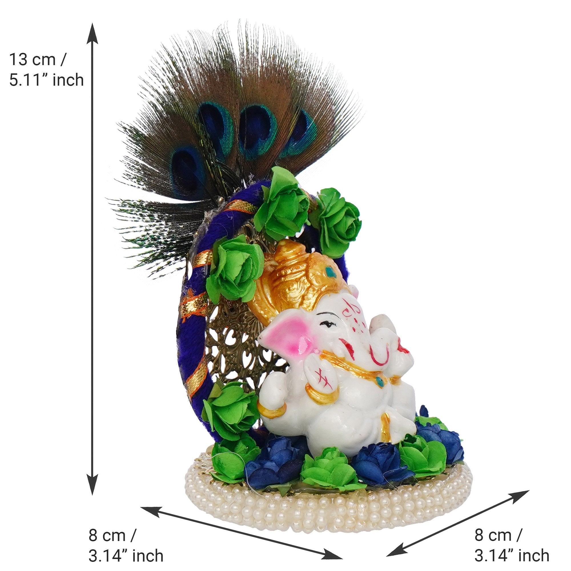 Polyresin Lord Ganesha Idol on Handcrafted Peacock Feather Floral Plate for Home and Car Dashboard 3