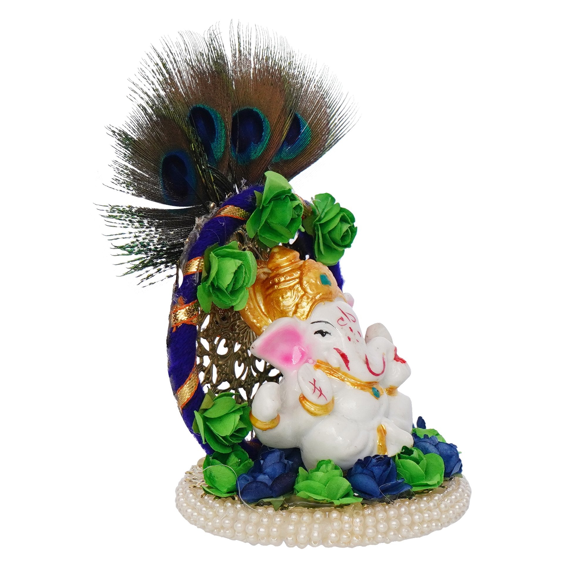 Polyresin Lord Ganesha Idol on Handcrafted Peacock Feather Floral Plate for Home and Car Dashboard 4