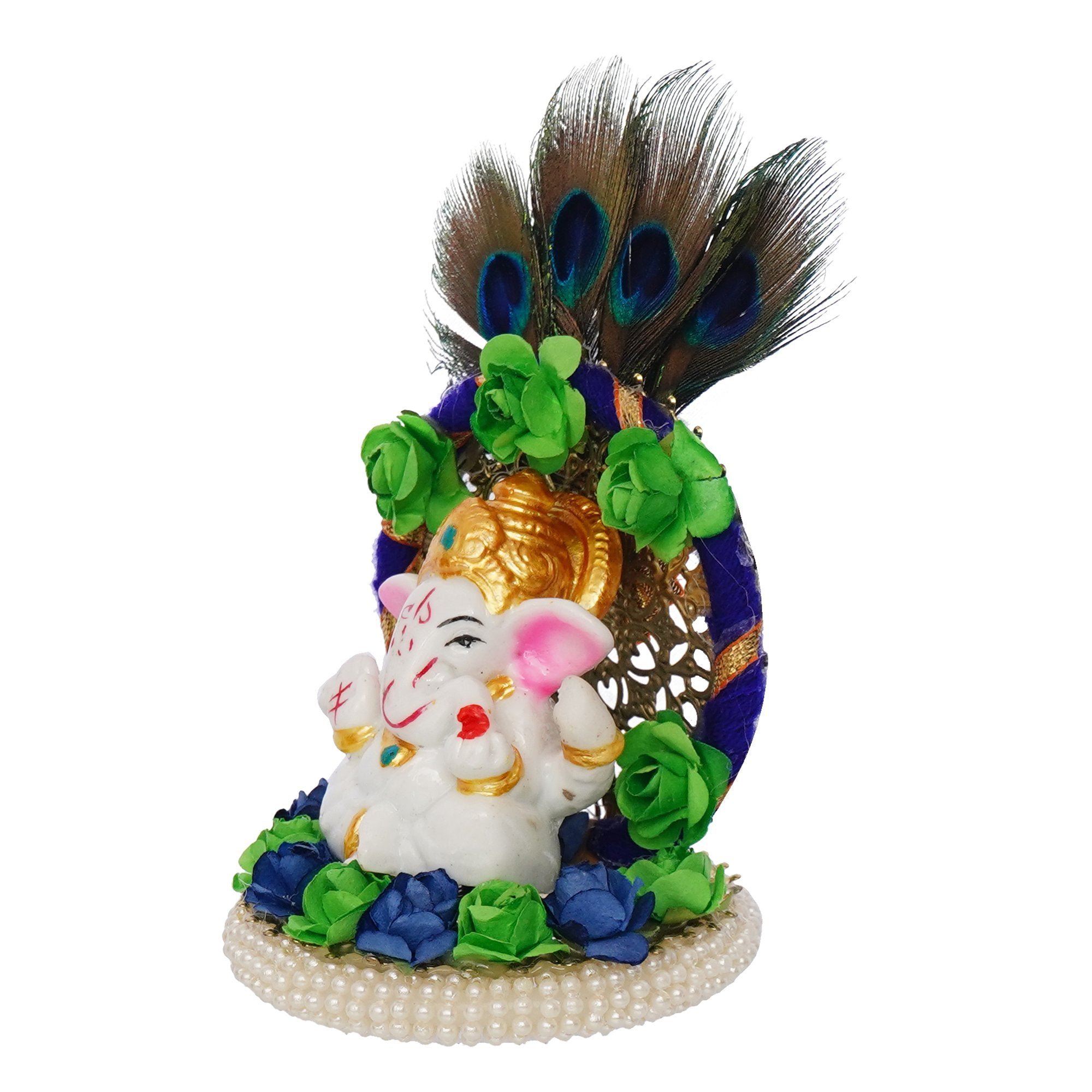 Polyresin Lord Ganesha Idol on Handcrafted Peacock Feather Floral Plate for Home and Car Dashboard 5