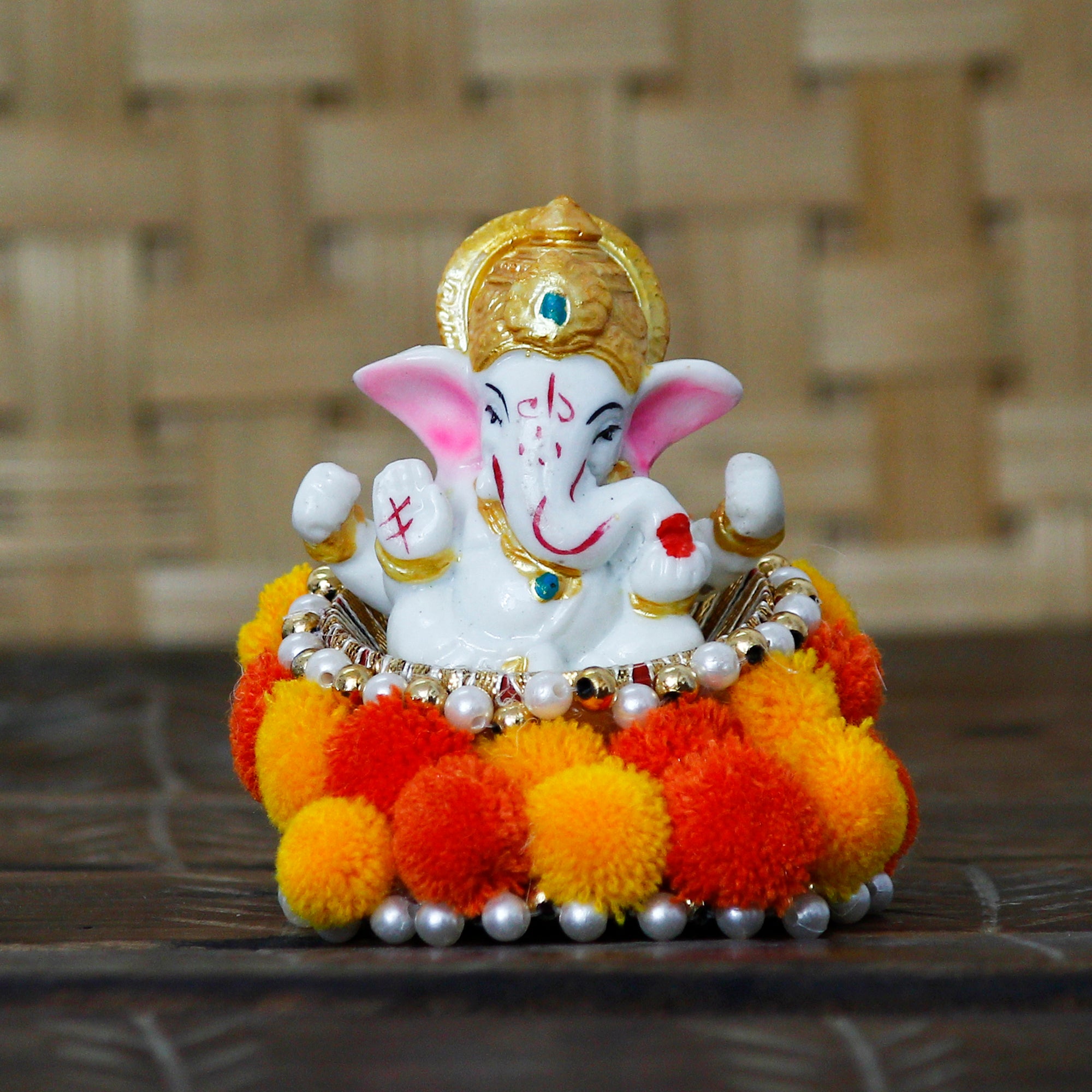 Polyresin Lord Ganesha Idol on Decorative Handcrafted Floral Plate for Home and Car Dashboard 1