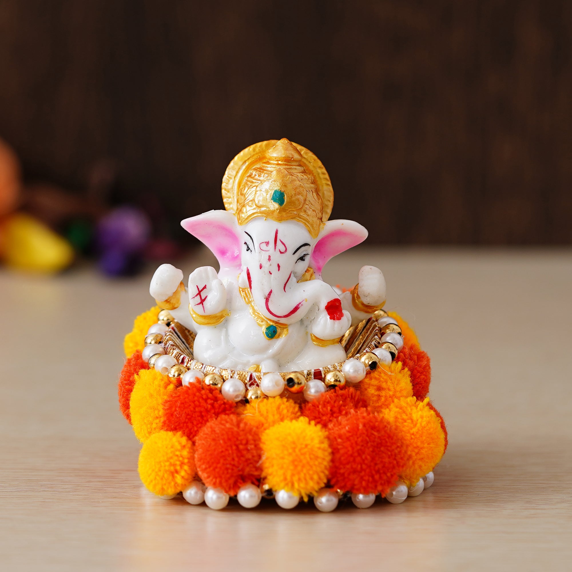 Polyresin Lord Ganesha Idol on Decorative Handcrafted Floral Plate for Home and Car Dashboard